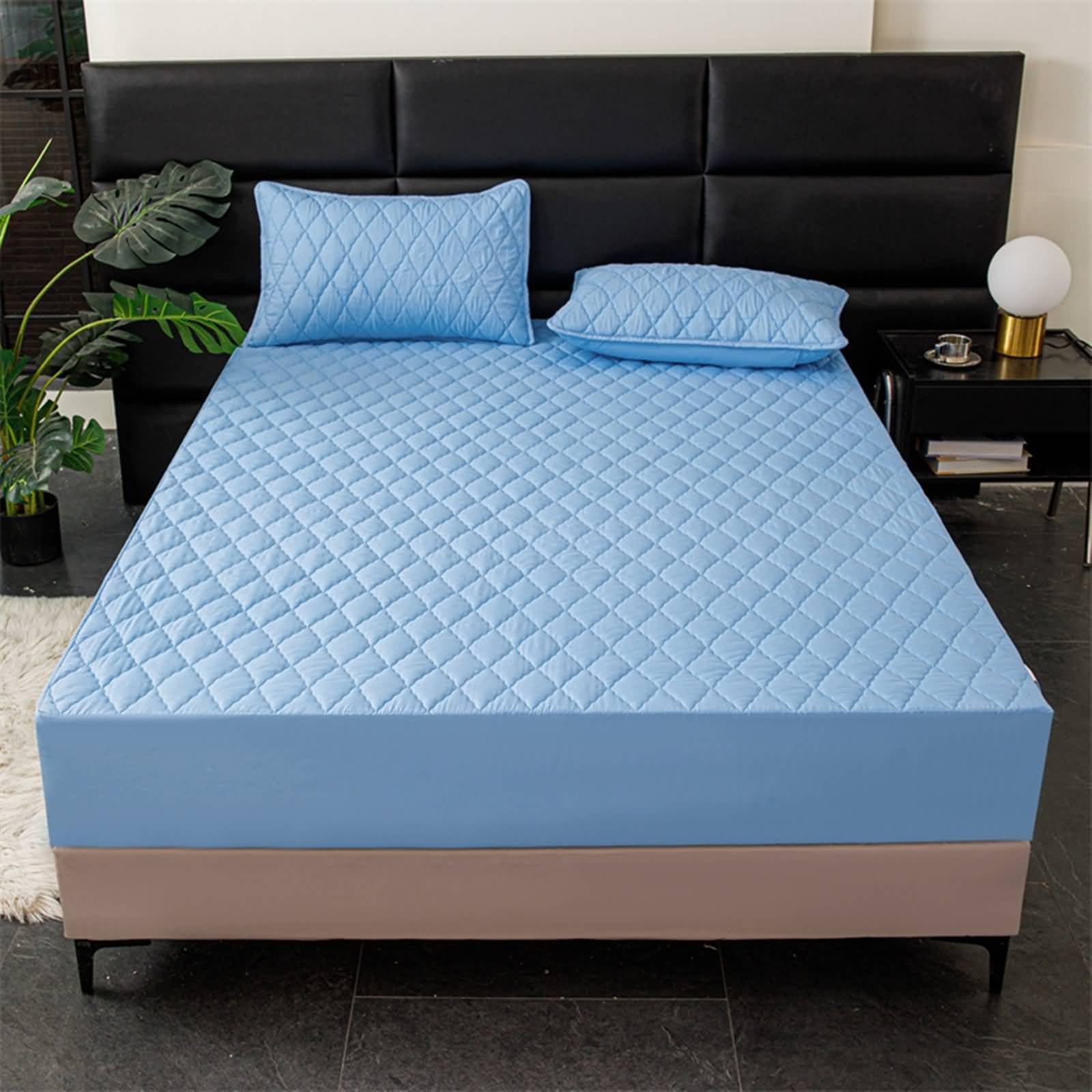 3 Pezzi Lenzuola Poliestere Cotone con Angoli, Tinta Unita con Motivo a Rombo, 120 x 200 CM + 2 Federe, Blu