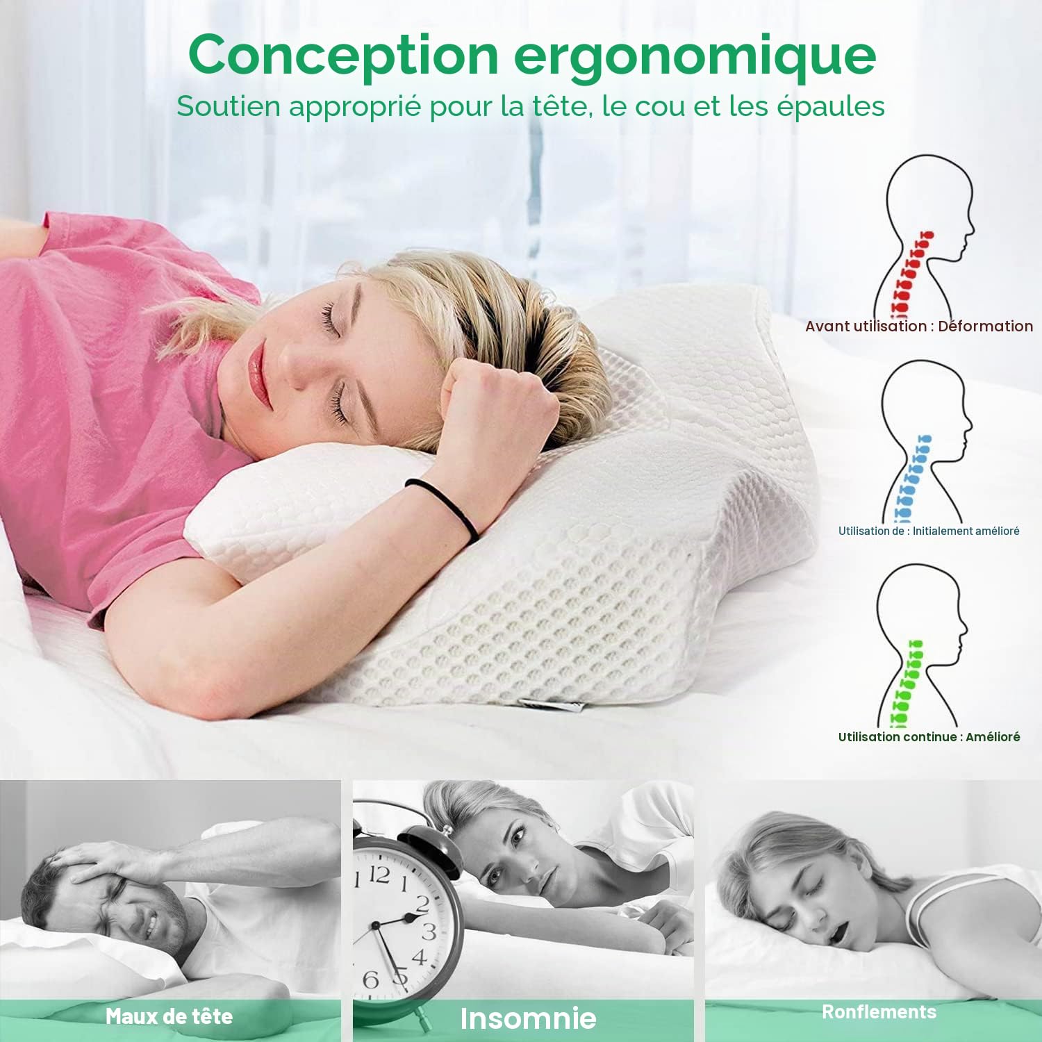 Elviros Oreiller Cervical en Mémoire de Forme Ergonomique Soutien Nuque | Adapté pour Dormir sur Le Côté, sur Le Dos et sur Le Ventre, Coussin Ergonomiques Cervical pour la Nuque, 64x38x12,5cm