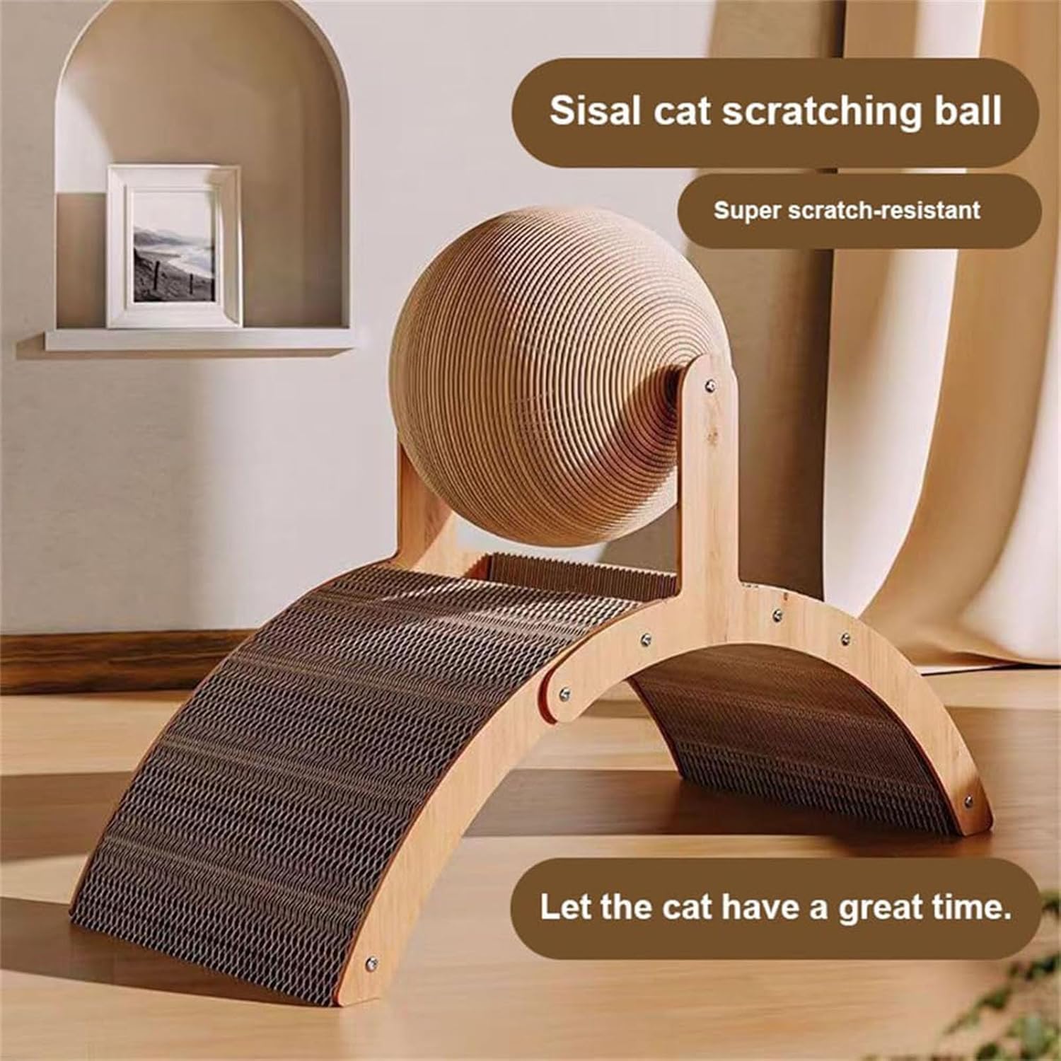 Cat Scratching Ball on Stand, Interactive Sisal Cat Scratcher Toy with 360° Rotating Ball, Solid Wood Stand for Indoor Cats and Kittens, Durable Claw Sharpener and Furniture Protector (L)