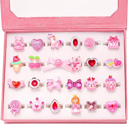 PinkSheep Little Girl Jewel Rings in Box, Adjustable, No Duplication, Girl Pretend Play and Dress Up Rings (24 Lovely Ring)