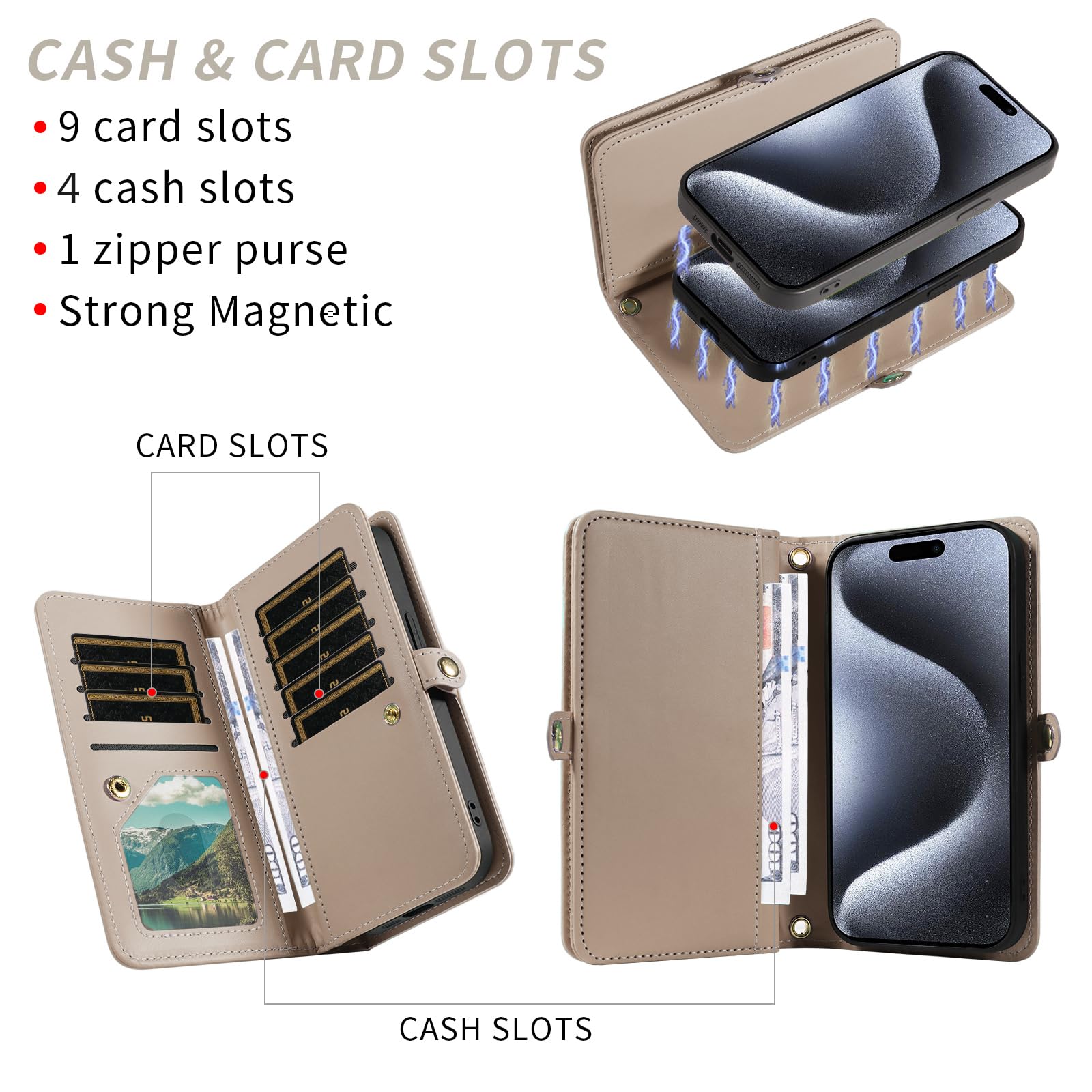 Custodia per iPhone 15 Pro Max da 6,7 pollici, con cerniera, custodia rimovibile con pellicola protettiva per lo schermo, tracolla con cordino glitterato porta carte di credito i Phone15 15Pro i15