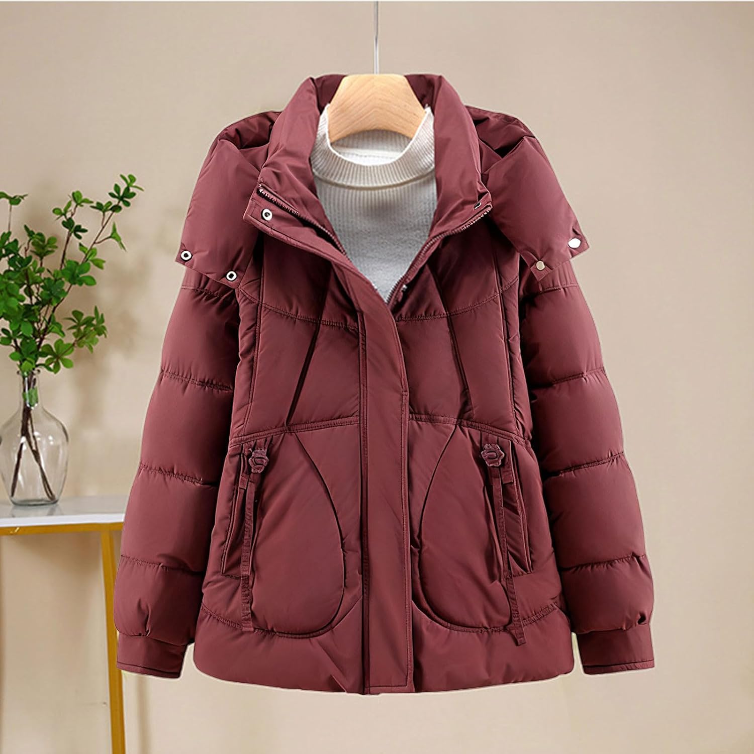 Womens Hooded Puffer Jacket Winter Parka Warm Insulated Zip Up Thick Coat With Adjustable Waist Casual Wear