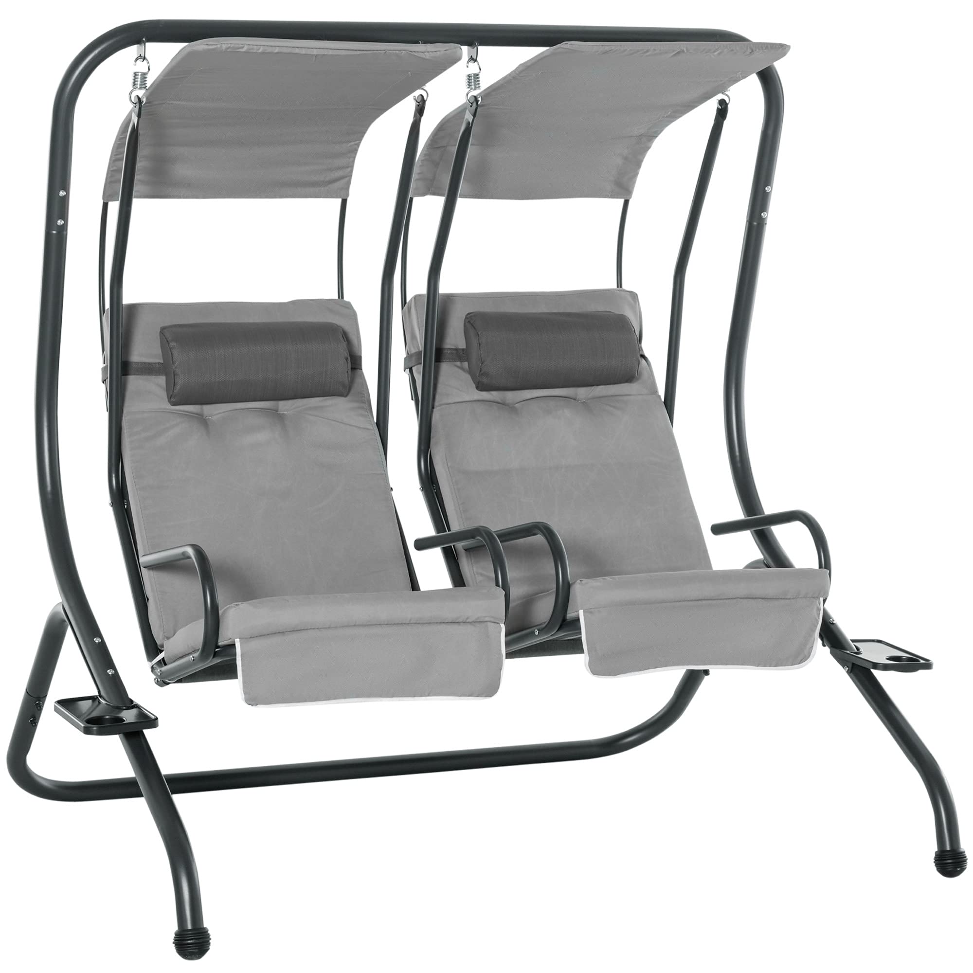 Outsunny 2 Seater Canopy Swing Chair, Modern Garden Swing Seat with w/ 2 Separate Chairs and Cup Holders, Outdoor Relax Chairs with Headrest, Cushions, Steel Frame and Removable Shade Canopy, Grey