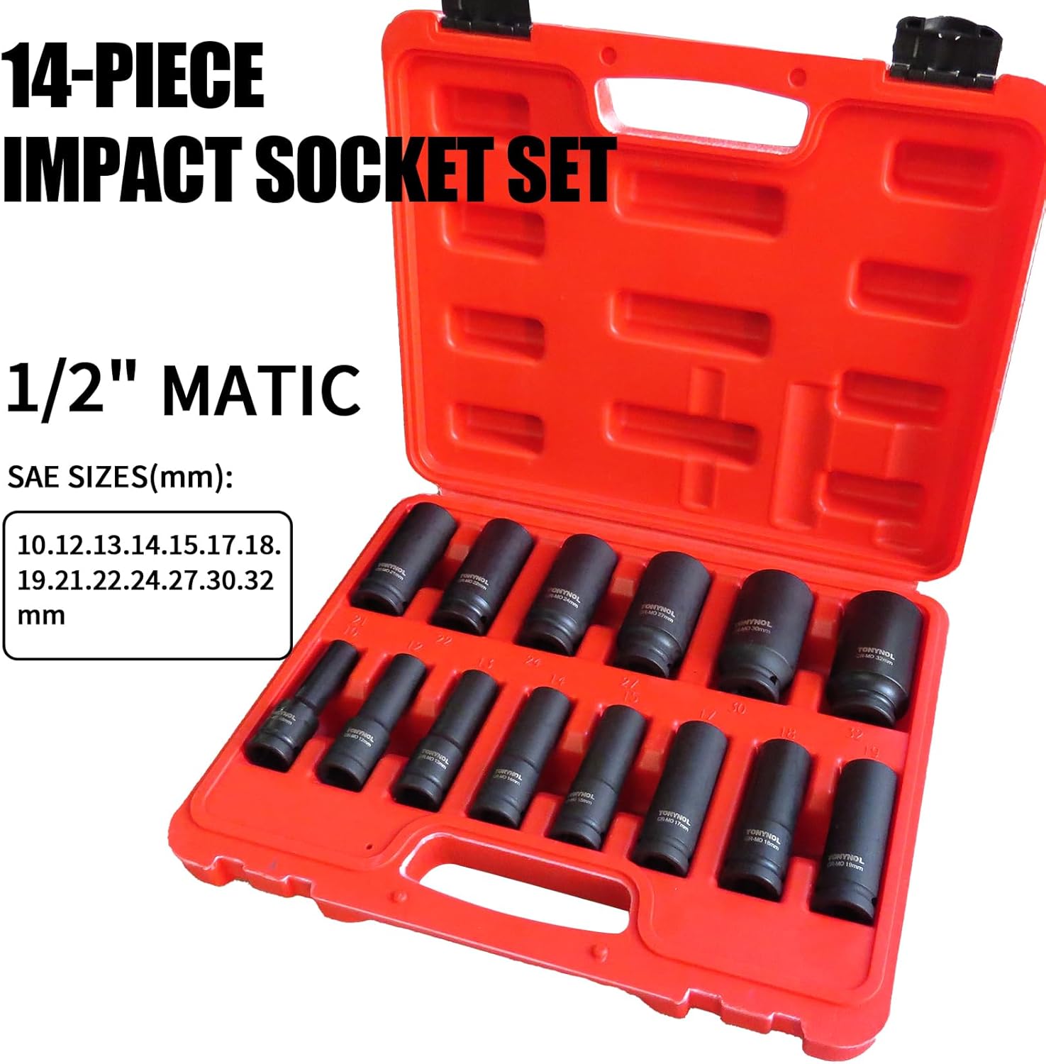 TONYNOL 1/2 Inch Deep Drive Impact Socket Set,6-Point,Metric (10mm-32mm),14 Pcs,Cr-Mo Steel,With a Storage Case