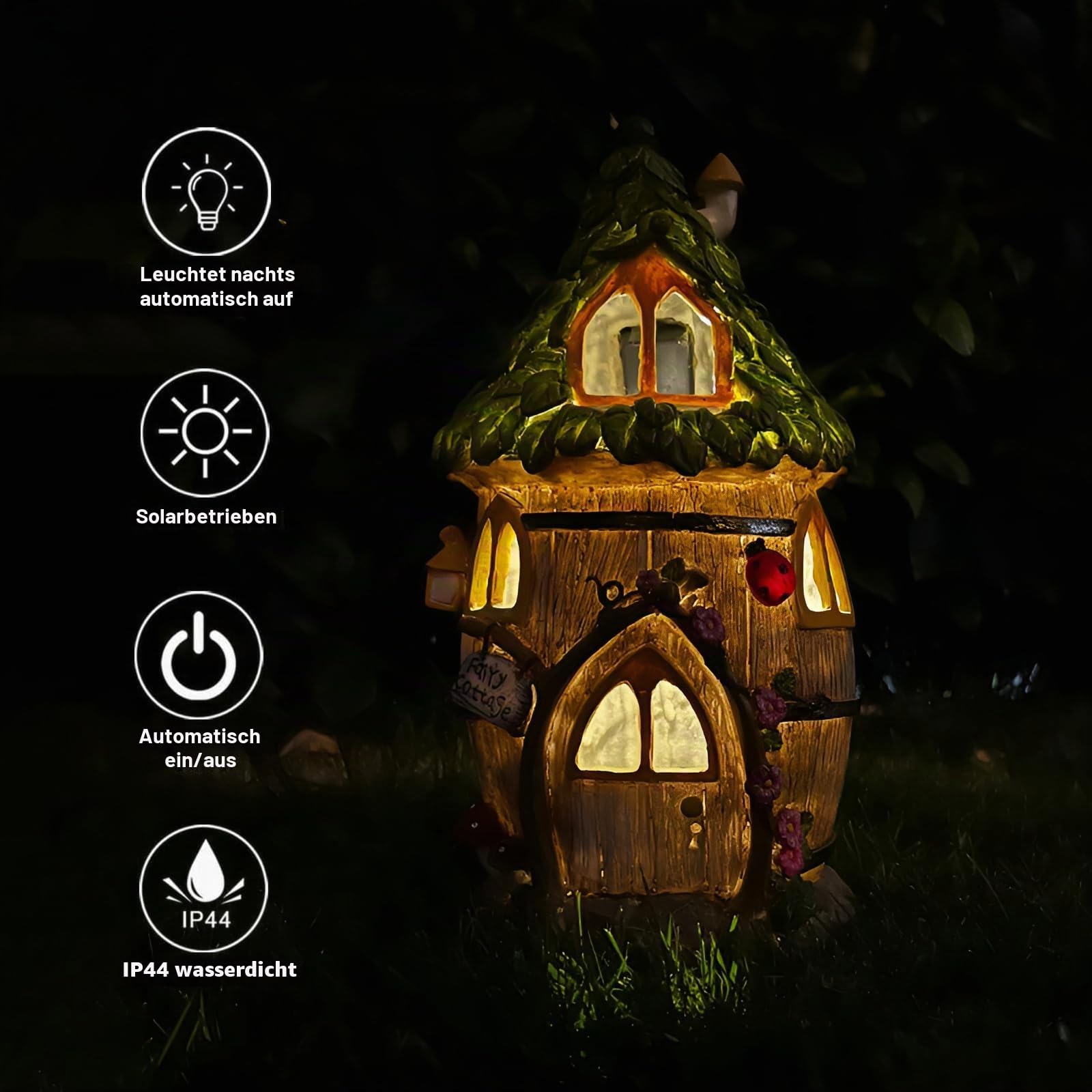 Gartendeko für Draußen, Solar Feenhaus LED Gartenleuchten Pilzhaus, Fairy Tree House aus Harz, Wetterfeste Feenhäuser Deko Außen, Rasen, Hof, Terrasse, Balkon, Fensterbank, Feengarten (Stil 3)