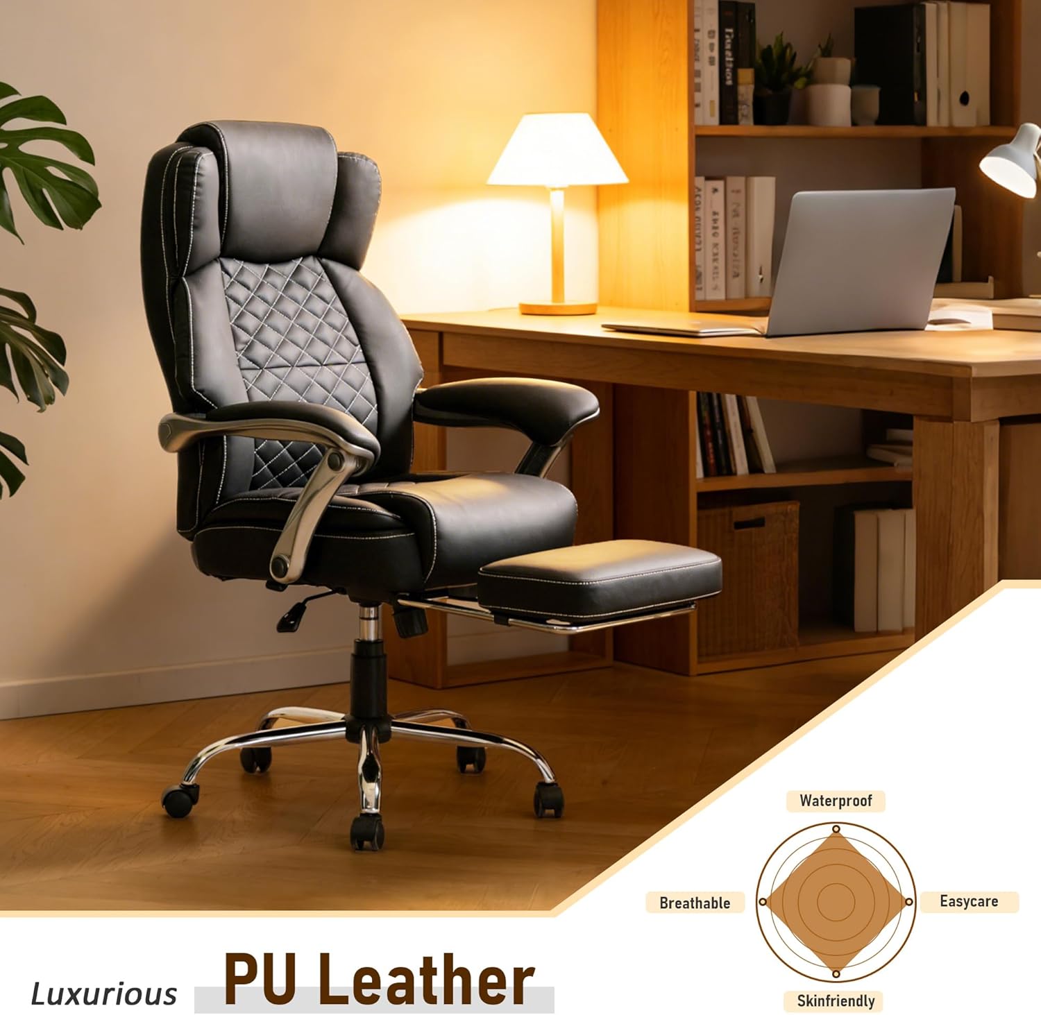 DYHOME 500 lbs Office Chair with Foot Rest, Ergonomic Reclining Big and Tall Office Desk Chair with Lumbar Support & Pocket Spring Cushion, High Back Computer Chair, PU, Thicker Seat Cushion (Black)