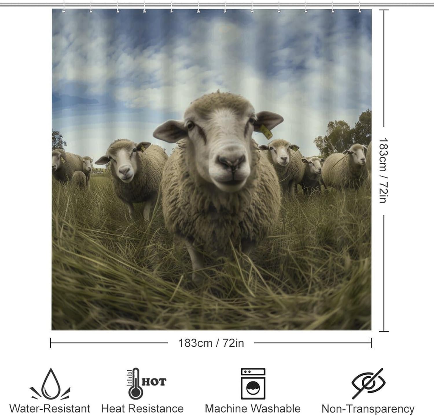 Flock of Sheep 4Pcs Shower Curtain Set with Non-Slip Rugs, Toilet Lid Cover and Bath Mat,Bathroom Set Decor Accessories,Curtain Set with 12 Hooks, 72 X 72 Inch