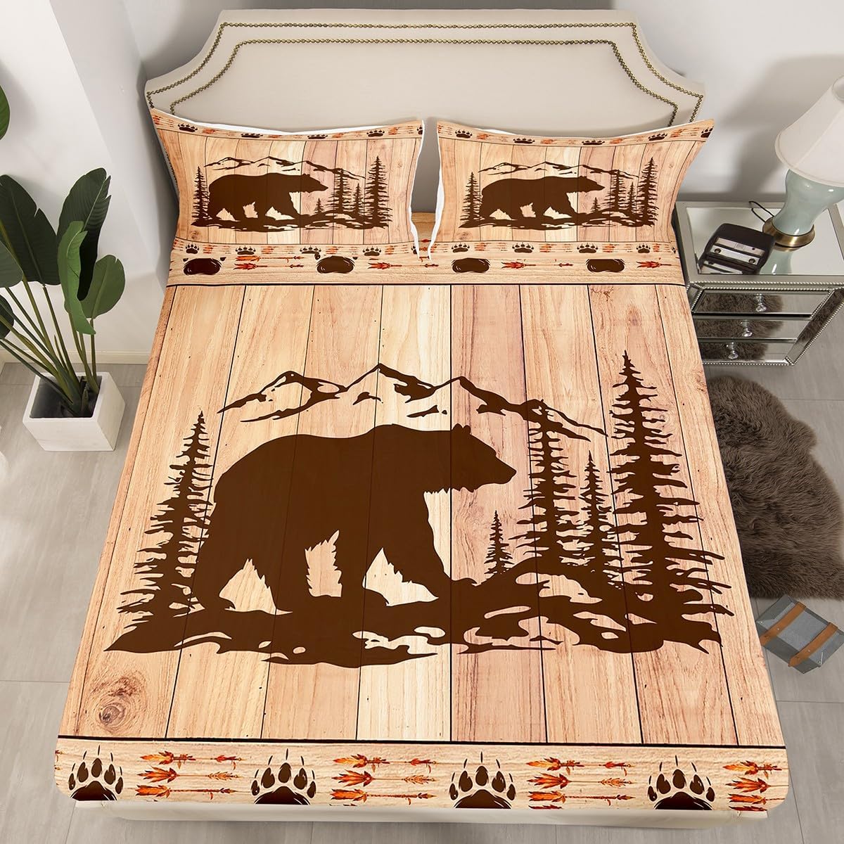 Black Bear Bed Sheets Woodland Animal Hunting Sheets,Ethnic Tribal Arrow Paw Print Fitted Sheet Full Wooden Cottage Pine Trees Bedding Set,Rustic Farmhouse Country Western Room Decor