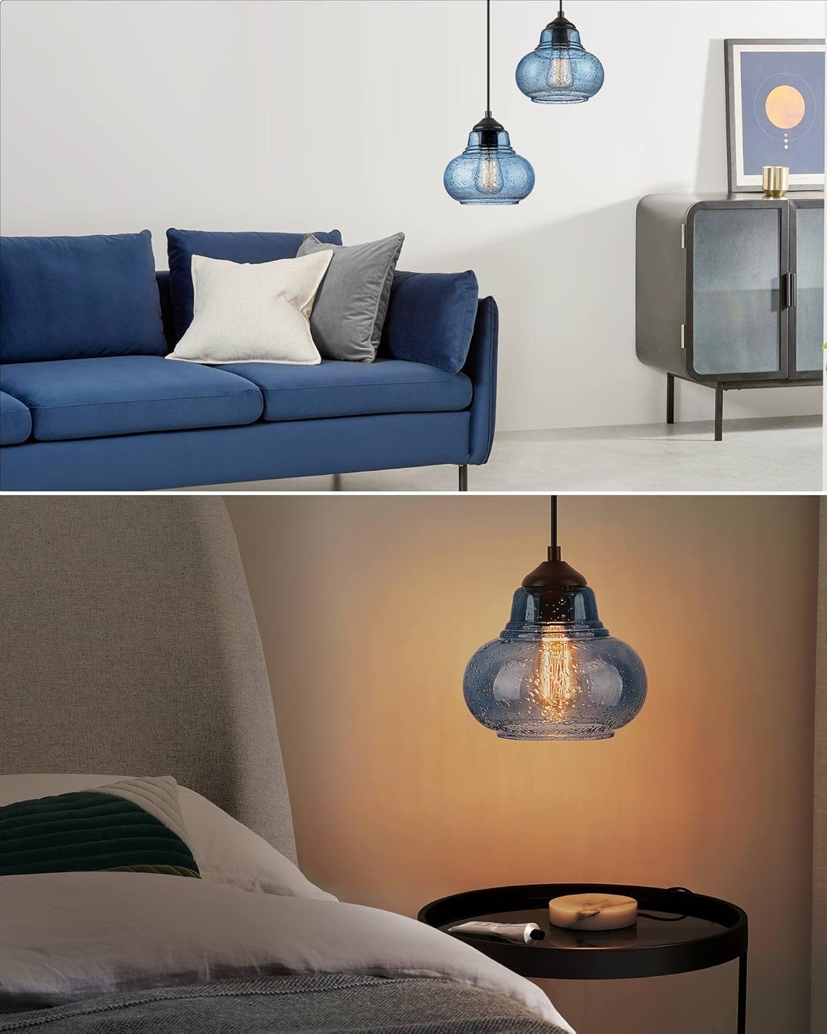 ELYONA 8 Inch Pendant Light for Kitchen Island Modern Blue Hand Blown Bubble Glass Pendant Lighting Hanging Light fixtures for Dining Room Bar Bedroom Living Room