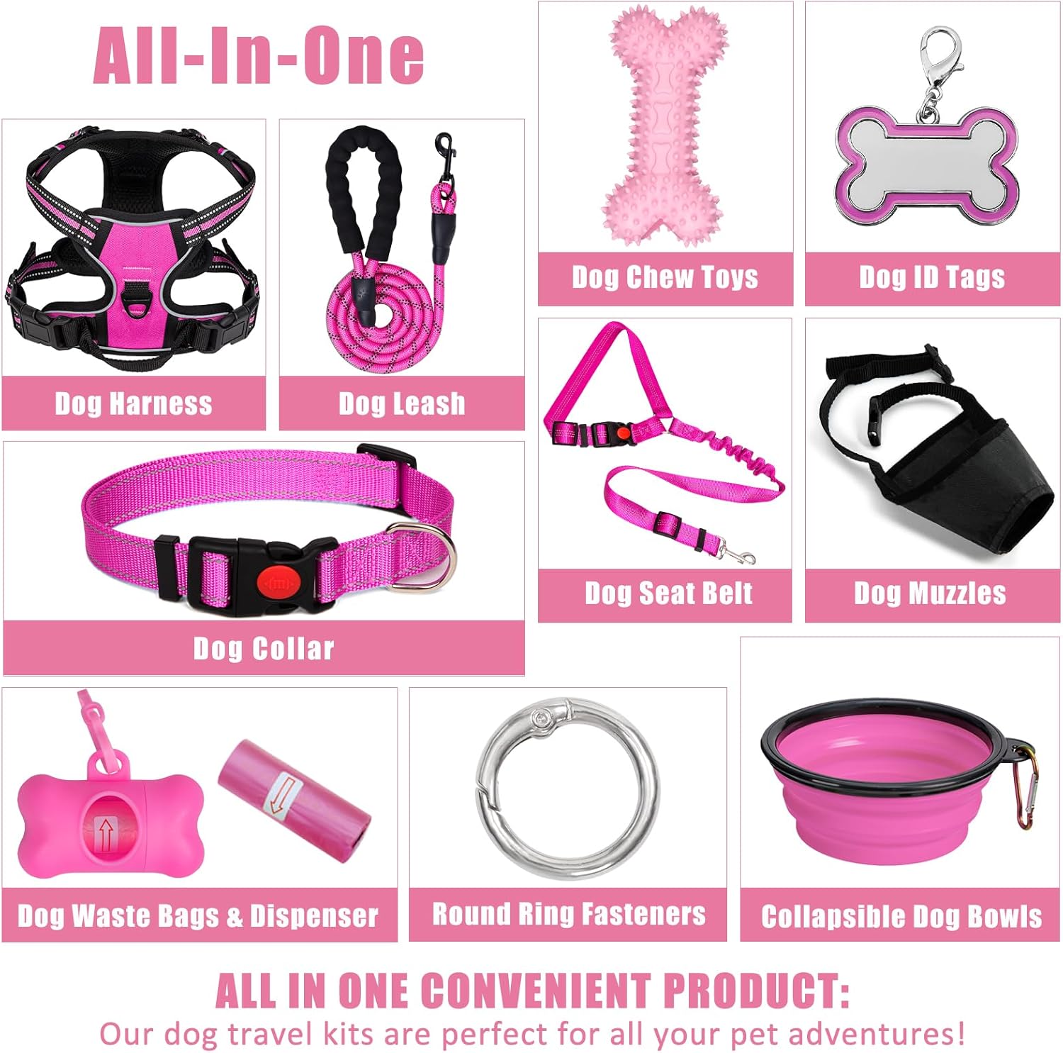No Pull Dog Harness Adjustable Collar & Leash Set - Dog Halter Harnesses Collapsible Bowls & Poop Bag Dispenser Muzzle ID Tags Toys Fits Small Medium Large Dogs (Pink-L) - Image 2