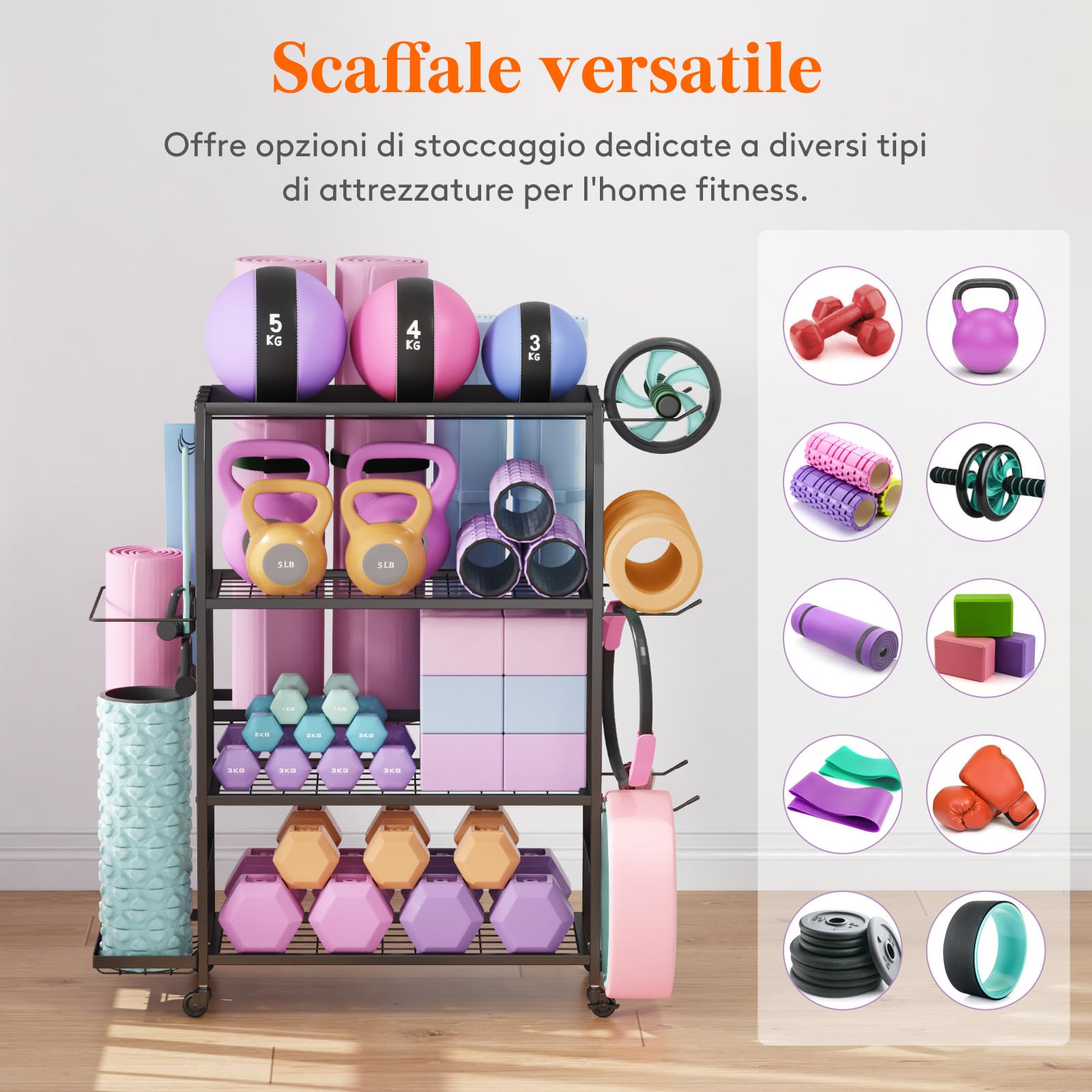 Lifewit Porta per Tappetino da Yoga con Ruote, Rack per Attrezzi da Allenarsi per Manubri, Kettlebells, Blocchi da Yoga, Rulli di Schiuma, Attrezzi da Pilates, per Casa, 98 cm di Altezza, Grande
