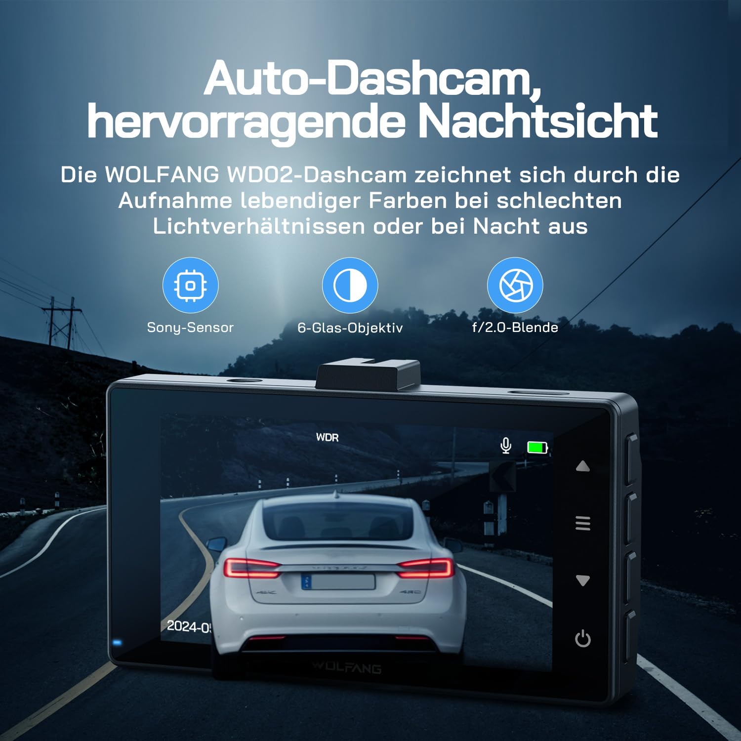 WOLFANG Dashcam Auto Vorne Hinten 2,5K+1080P Auto Kamera, Ultra Nachtsicht, 170°Weitwinkel, WDR, 24 Std. Parkmodus, G-Sensor, Loop-Aufnahme