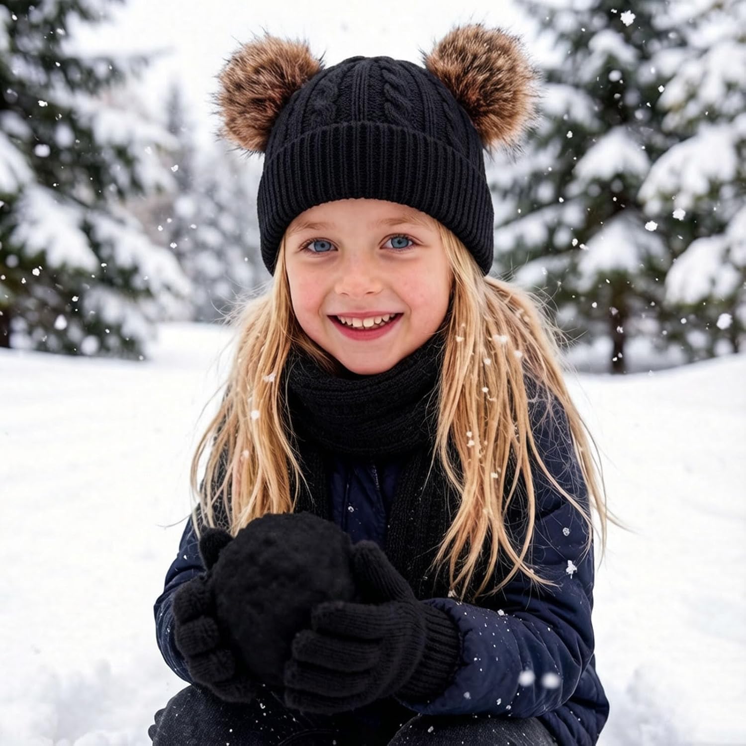 Girls Winter Knit Hat Long Scarf Hand Warmers 3 Piece Set