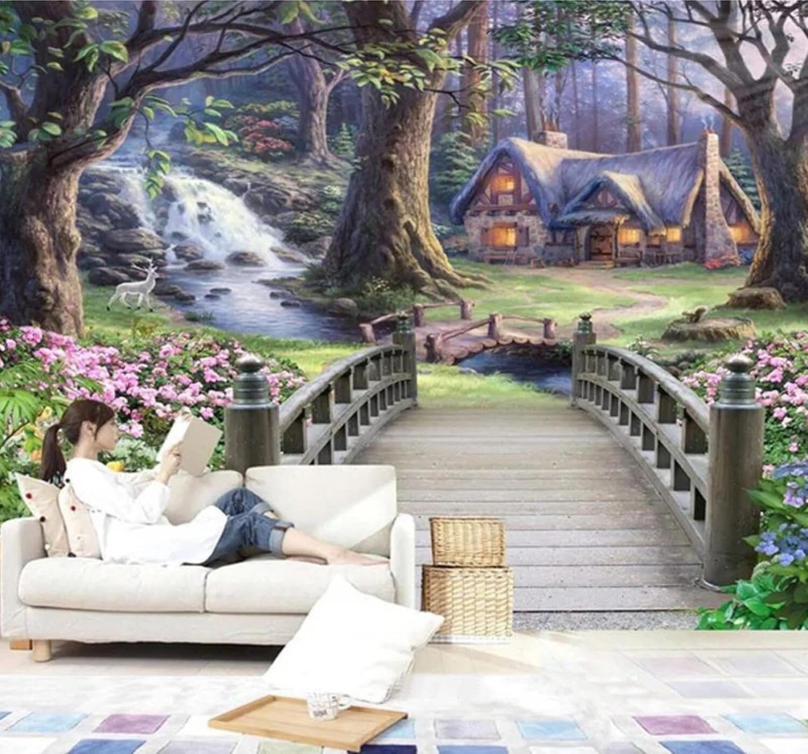 XLMING Ethereal Dreamlike Garden Wooden Bridge Landscape 3D Wallpaper Luxury Silk Study Dining Feature Sofa Grey Bedroom Living Room Tv Decorative Wall-350cm×256cm