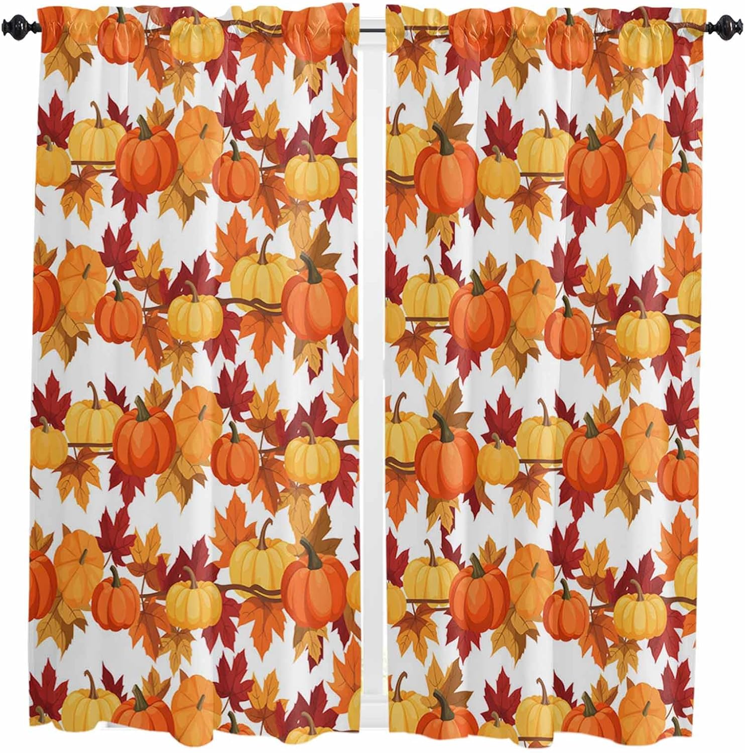Orange Yellow Pumpkin Fall Kitchen Curtains, Thanksgiving Botanical Farmhouse Leaf Light Filter Window Curtain, 2Pcs Rod Pocket Window Treatments Set for Living Room Bathroom Bedroom 52x72 Inches
