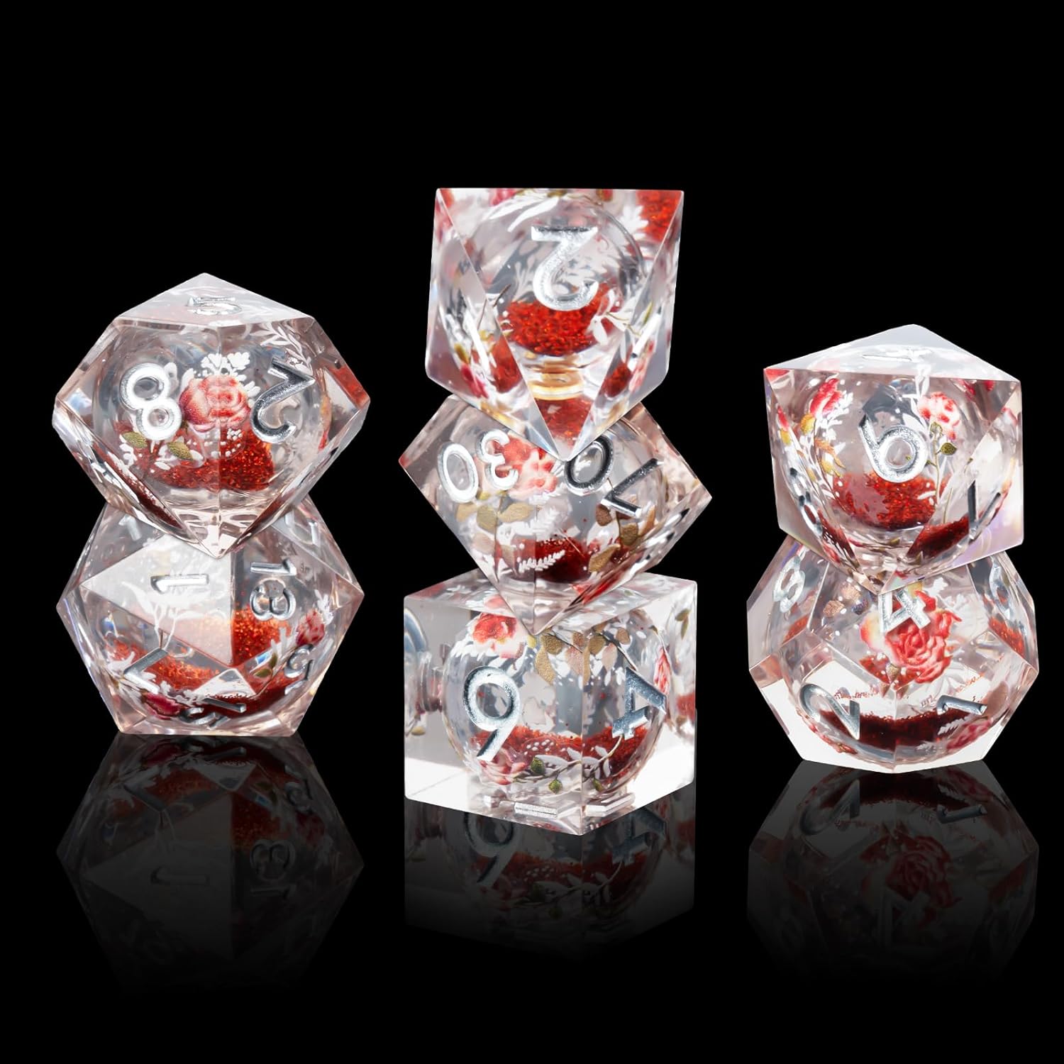Liquid Core Flower DND Dice Set,7 PCS Resin Polyhedral Dice Set for Dungeons and Dragon RPG MTG Table Game (Red Liquid)