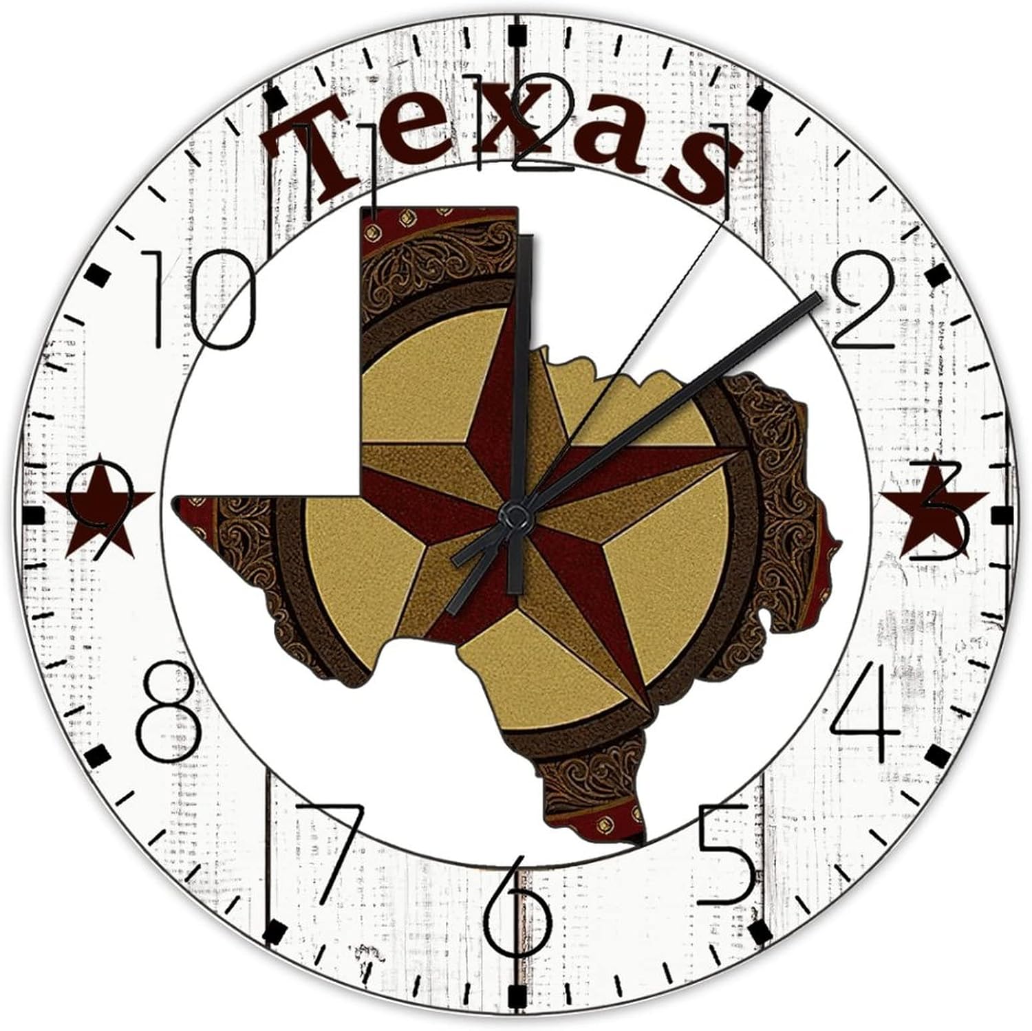 Wood Wall Clock Analog Round Non-Ticking Texas Lone Star Home Map Decorative Wall Clocks Western State Flag Patriotic Wall Decor for New Home Home Exercise Room 15 Inch