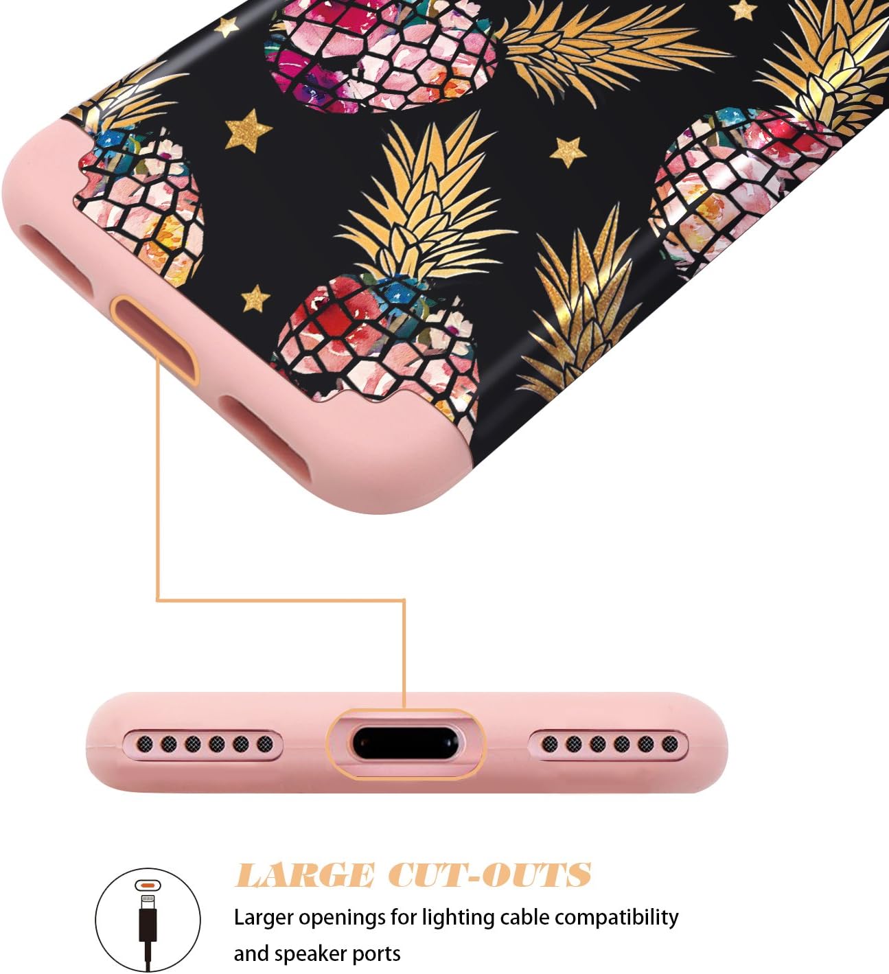 Fingic iPhone 8/iPhone 7 Case,Pineapple Phone Case iPhone 7,Slim Fit Colorful Pineapple&Shinny Star Design Phone Cover Hard PC Cover&Soft Silicone Case Compatible for iPhone 7/iPhone 8,Black/Pink