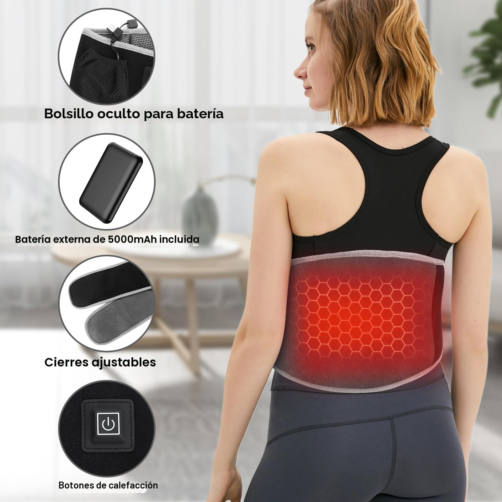Manta Electrica Lumbar, Almohadilla Eléctrica con Batería de 5000mAh & 3 Niveles de Temperatura, Esterilla Eérmica Electrica con Apagado Automático para Espalda, Cuello, Hombros y Vientre