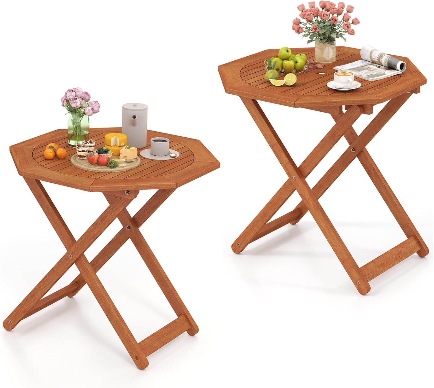 Byroce Outdoor Patio Table, Octagon Folding Bistro Table with Slatted Tabletop & 2” Umbrella Hole, Solid Wood Outdoor Dining Table, Portable for Backyard, Poolside & Balcony (2)