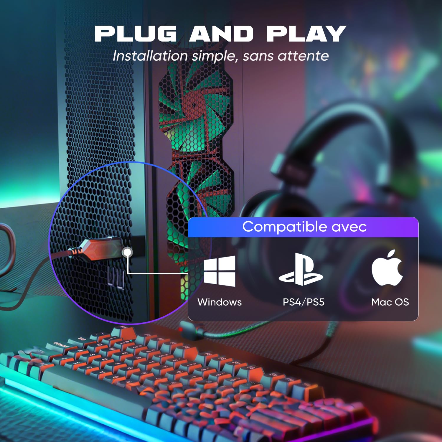 FIFINE Casque Gamer PC, Casque Gaming avec Micro pour PS4 PS5, Son Surround 7.1 USB Casque Fil Gaming avec 3 Mode EQ, RGB, Coussinets Souples - H6