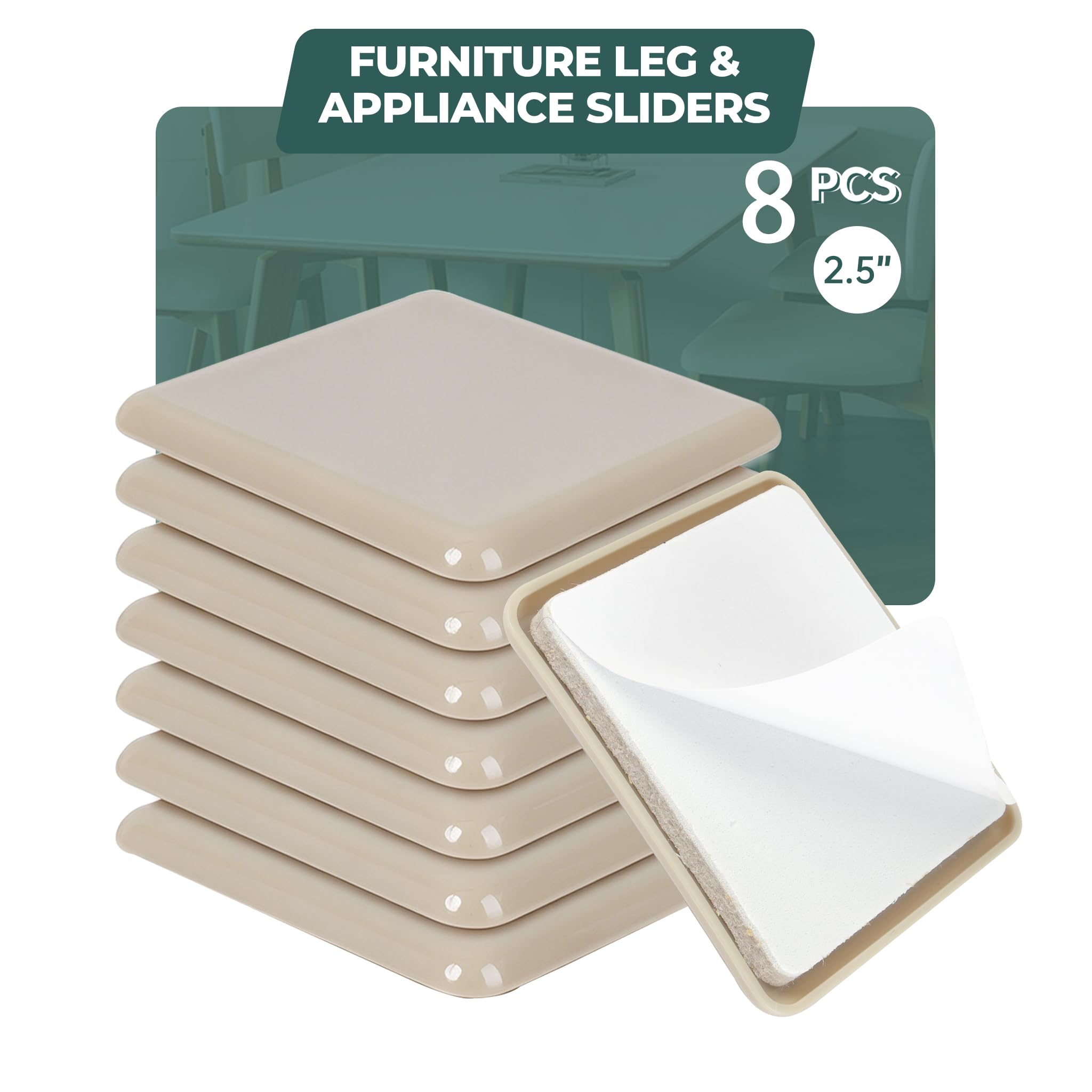 Square Self-Adhesive Furniture Sliders 2.5" 8 Pcs, Sliders for Furniture on Carpet & Hardwood Floors, Chair Sliders, Furniture Moving Sliders for Furniture Movement & Floor Protection