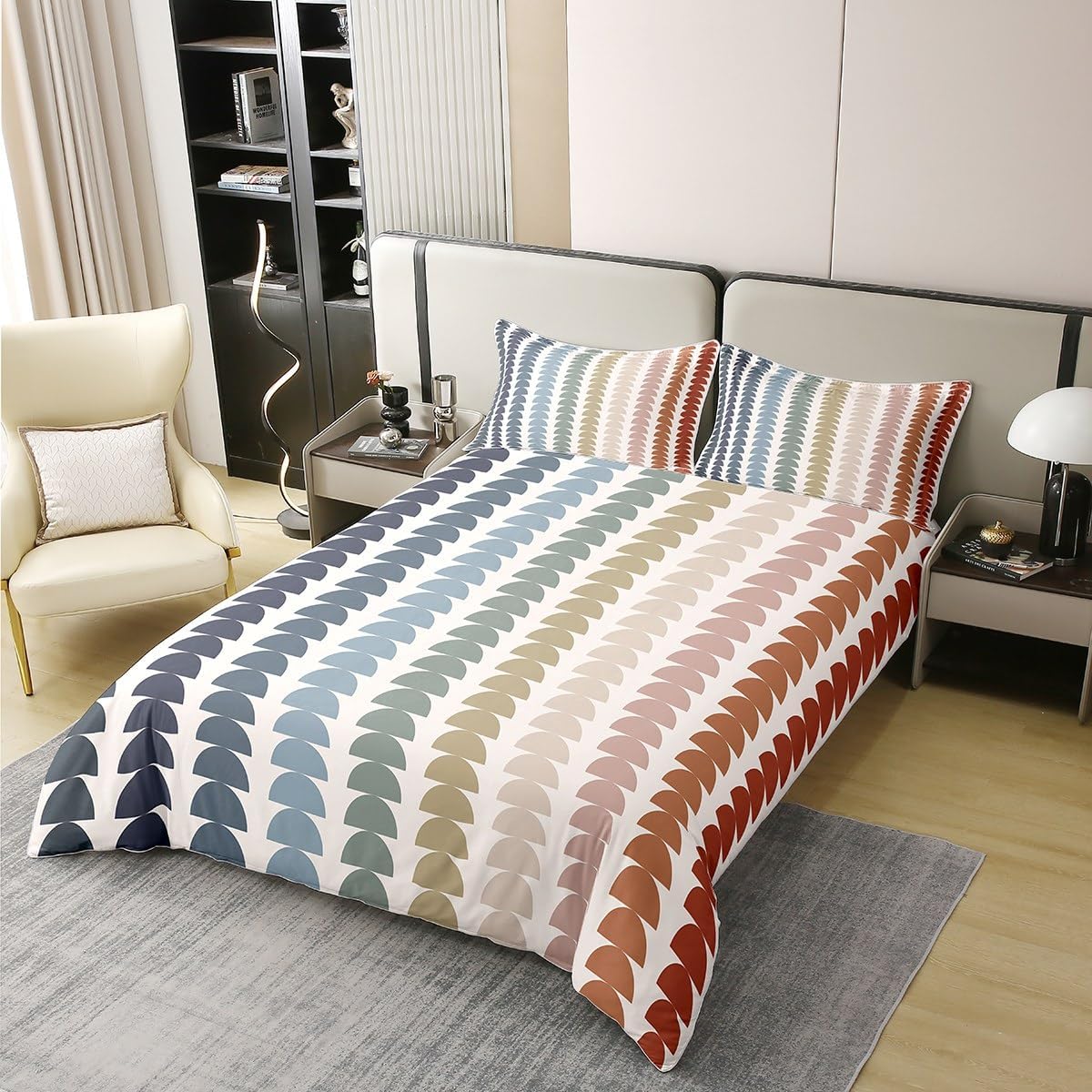 jejeloiu Rainbow Boho Duvet Cover 100% Cotton Queen Size Kids Vintage Abstract Geometric Comforter Cover for Boys Girls Teens Mid-Century Modern Art Bedding Set Soft Lightweight Room Decor