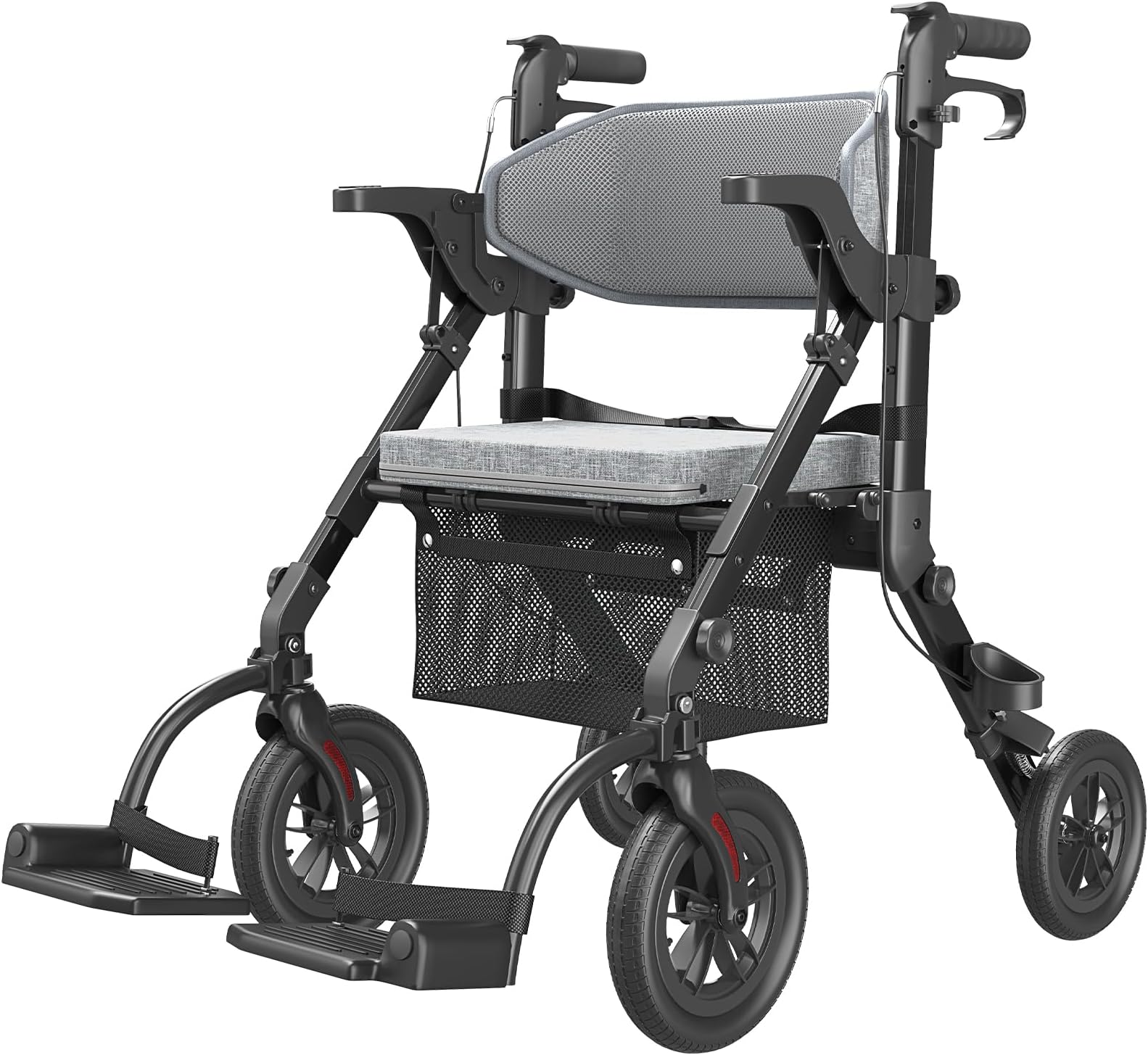 VOCIC Wheelchair Walker Combination, 2-in-1 Rollator for Seniors with Seat, Walker Transport Chair Combo with Padded Seat, Bag, Backrest and Footrest, Black