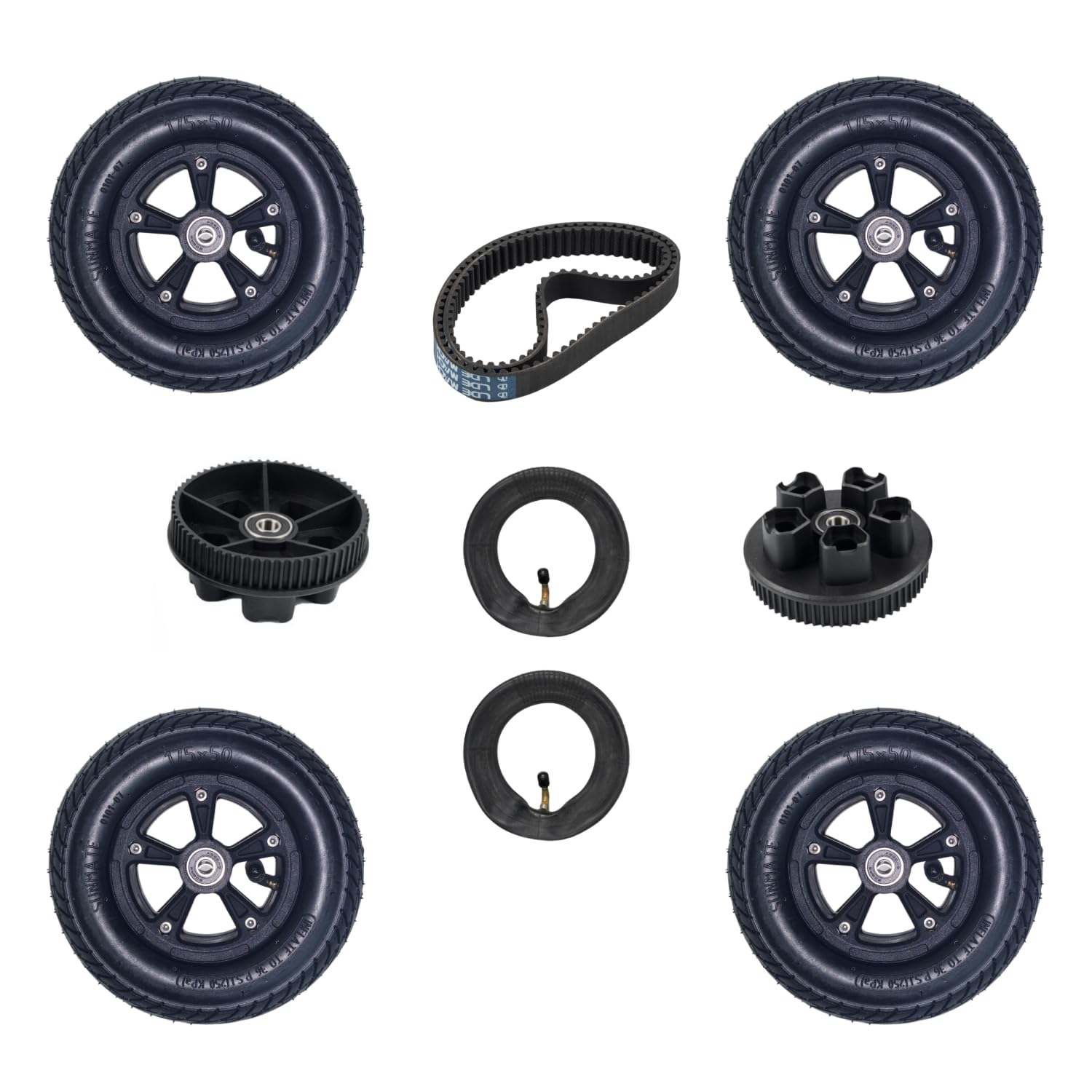 175mm Off-Road Pneumatic Electric Skateboard Wheels Kit - 4 Wheels, 2 Pulleys (66T), 2 Belts (360-5M), 2 Extra Tubes, Standard Skateboard Bearing Diameter 8mm, Fits 2in1 Electric Longboards