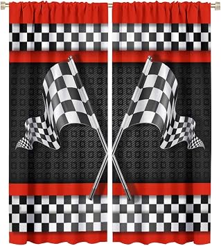 Race Car Flag Blackout Curtains for Bedroom - Abstract Modern Art Racing Car Black White Checked Flag Window Drapes,Rod Pocket Room Darkening Curtains 2 Panels 54L x 21W