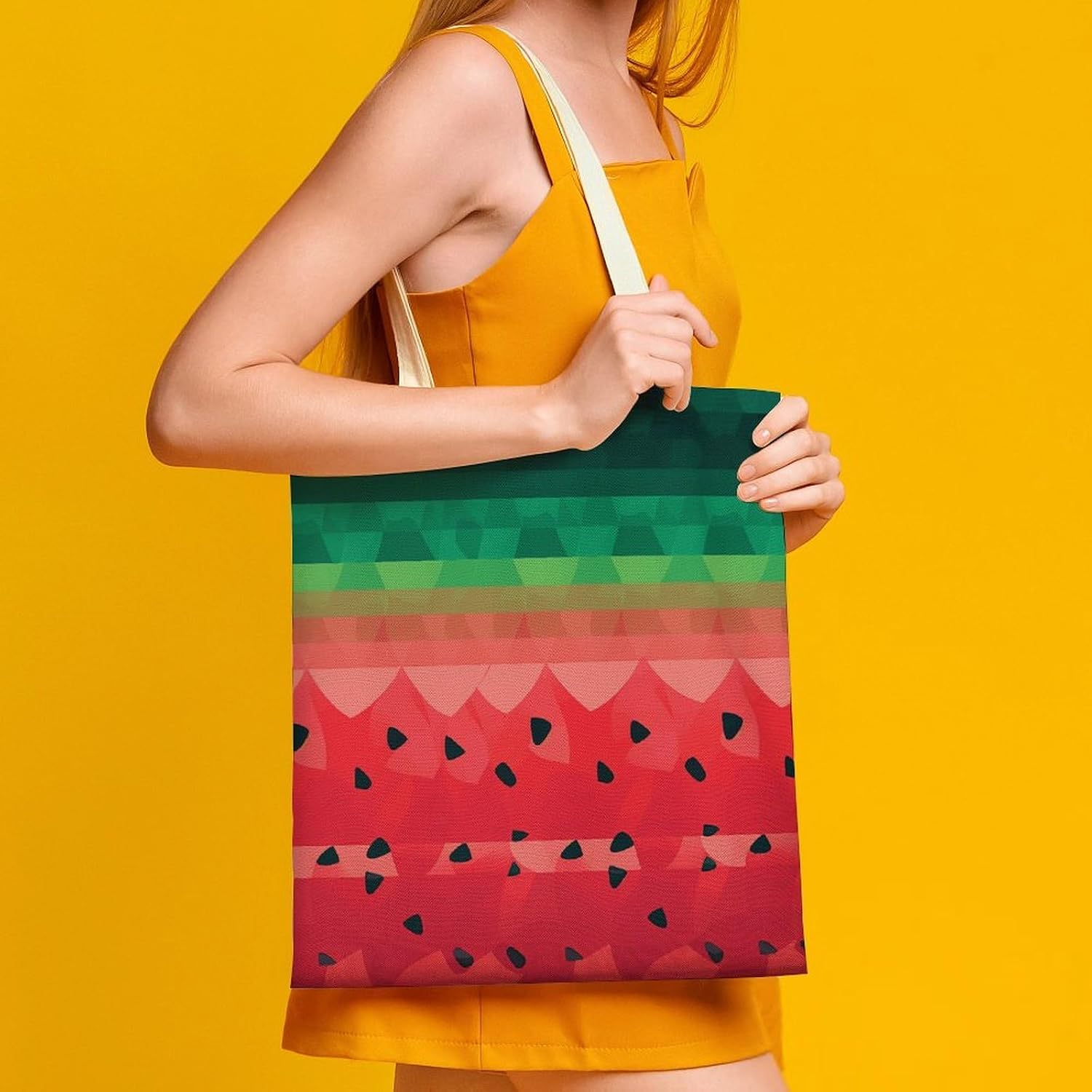 Canvas Tote Bag 16x15 In Lightweight Foldable Shoulder Hobo Purse | Gradient Watermelon, Casual Tote with 10" Strap, Everyday Carryall, for Travel Work Grocery Shopping Beach Mark Gym Yoga