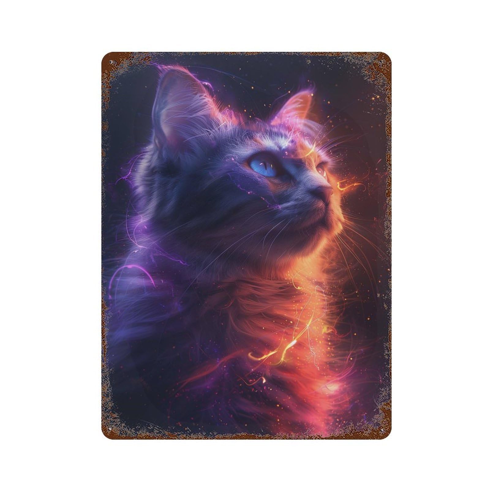 Rust Effect Colorful Neon Cat Weathered Tin Sign 15.7"x11.8", Novelty Wall Decor for Office, Studio And Wall Decor