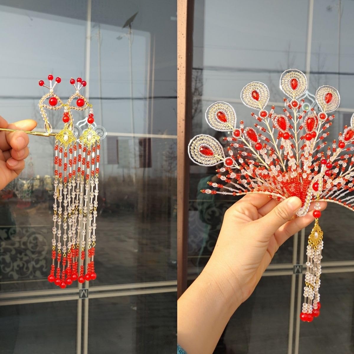 TANZEQI Ancient Chinese Hanfu Headdress Opera Headband Handmade Phoenix Hairpin Performance Royal Concubine Crown (Red)