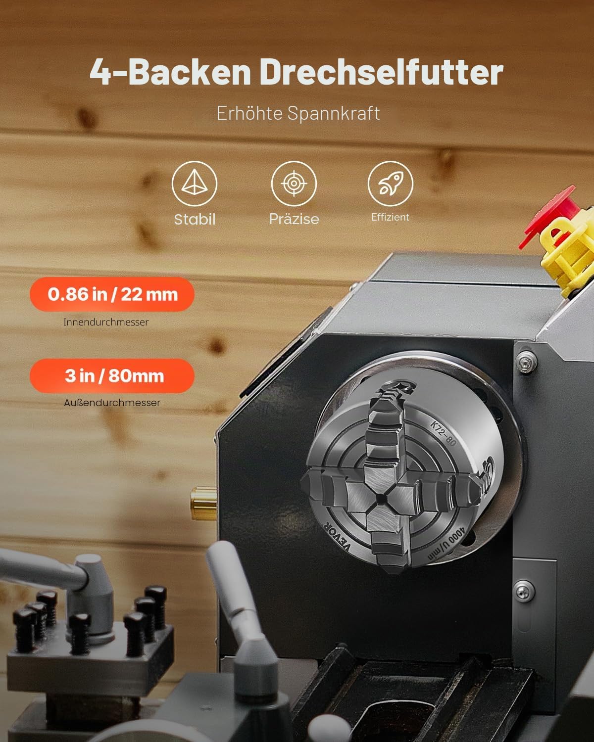 VEVOR 4-Backen-Drehfutter, 80 mm, Spannfutter, 5-80 mm Spannbereich mit T-Schlüssel-Befestigungsschrauben, umkehrbare Backen, HT300-Material, für Holz-Metall-Drehmaschine