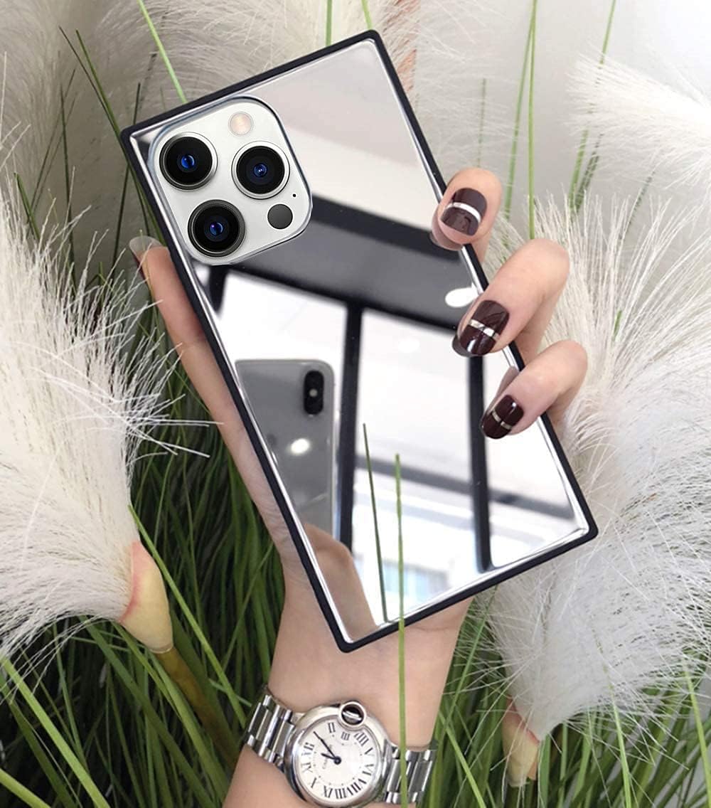 YTanazing for iPhone 13 Pro Max Mirror Case for Women, Luxury Glass Glossy Rectangle Mirror Shockproof Smooth Hard Case with Soft Silicone Bumper TPU Frame Compatible with iPhone 13 Pro Max 6.7 inch