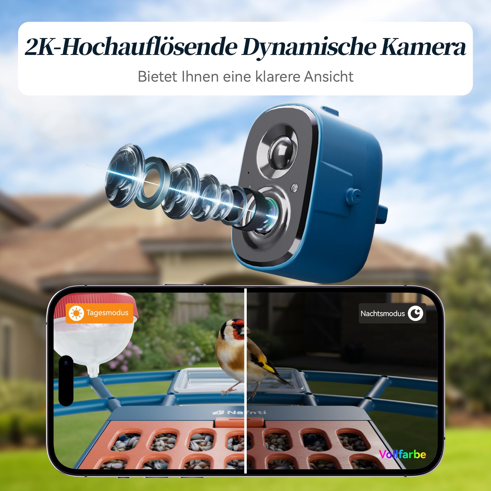 Kompaktes Vogelfutterhaus mit Kamera, Solar, 2K Livebild, 2,4/5 GHz WLAN | Kompaktes Design mit Solarbetrieb, Sofortmeldungen und Eichhörnchenschutz für Balkon, Terrasse und kleine Gärten.