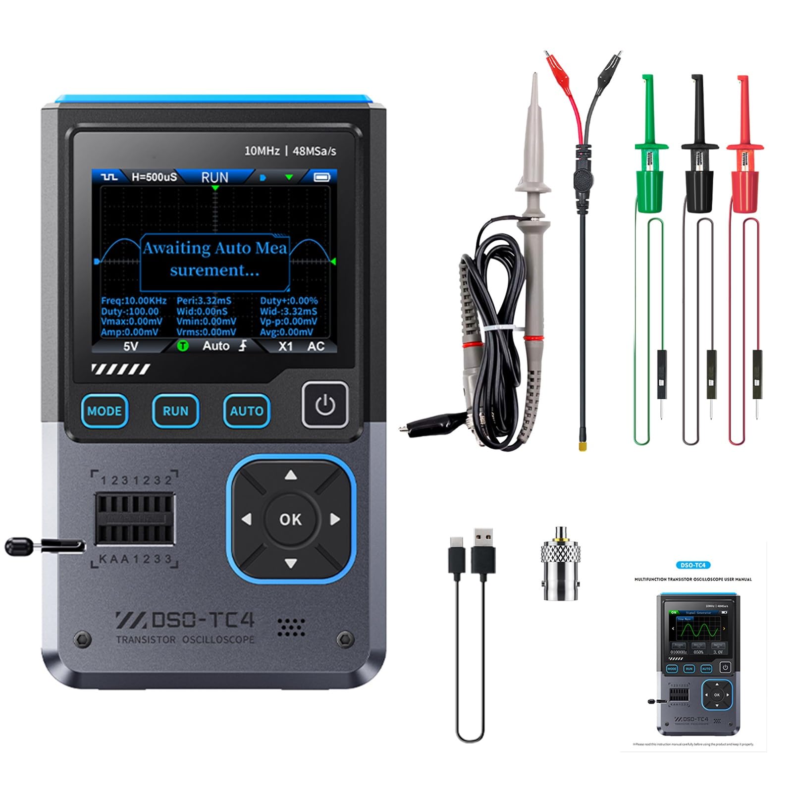 DSO-TC4 Oszilloskop, 3 in 1 Digital Oscilloscope/Transistor Tester/Signal Generator, 10 MHz Bandbreite, 48 MSa/s Abtastrate, mit Überhitzungsschutz