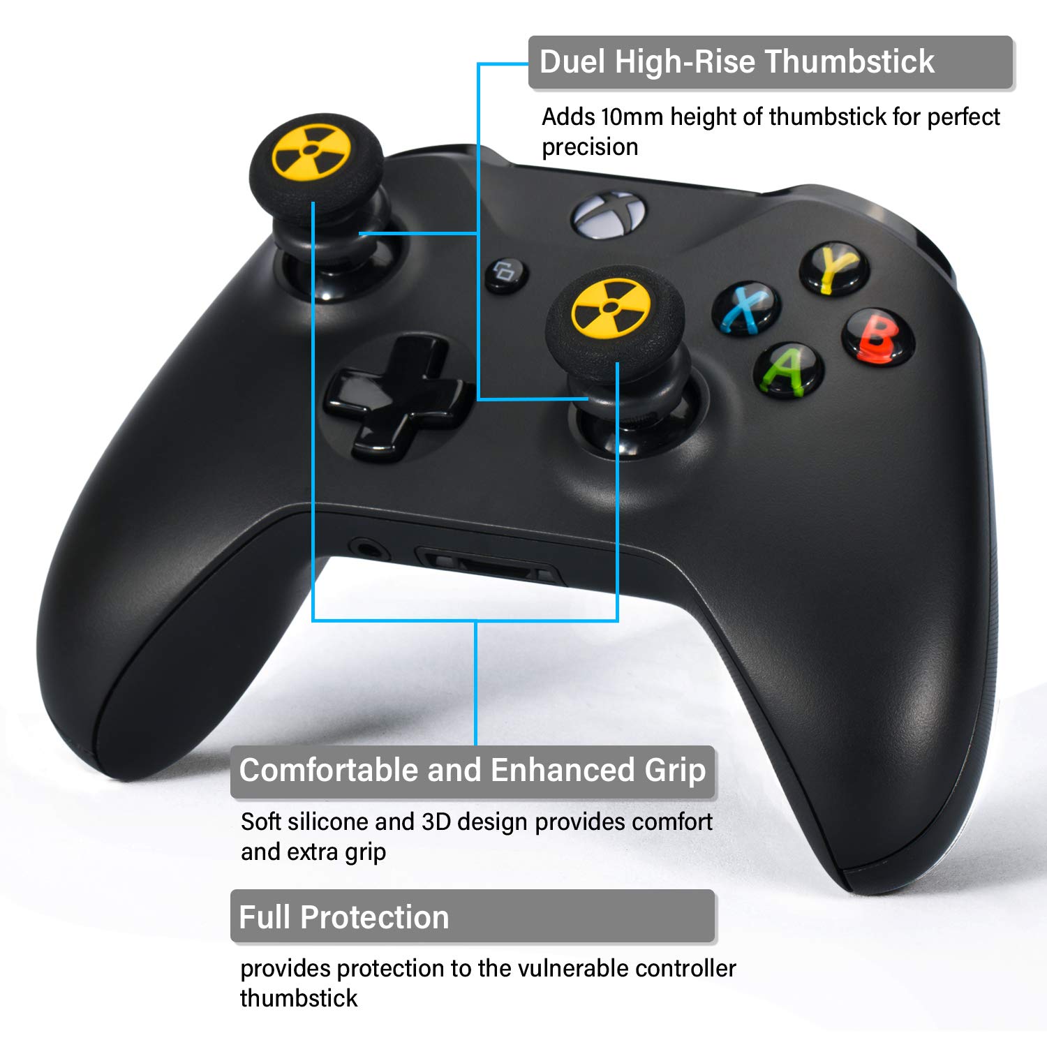 Playrealm FPS Thumbstick Extender x 2 & Baskı Kauçuk Silikon Kavrama Kılıfı x 4 Xbox Serisi X/S ve Xbox One Kumandası için (Yol Siyah ve BiyoH Kırmızı)