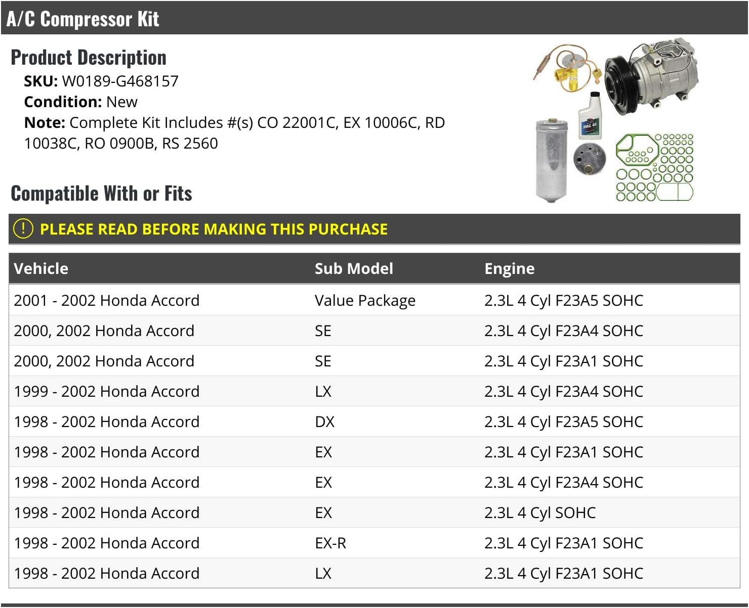 A/C Compressor Kit - Compatible with 1998-2002 Honda Accord 2.3L