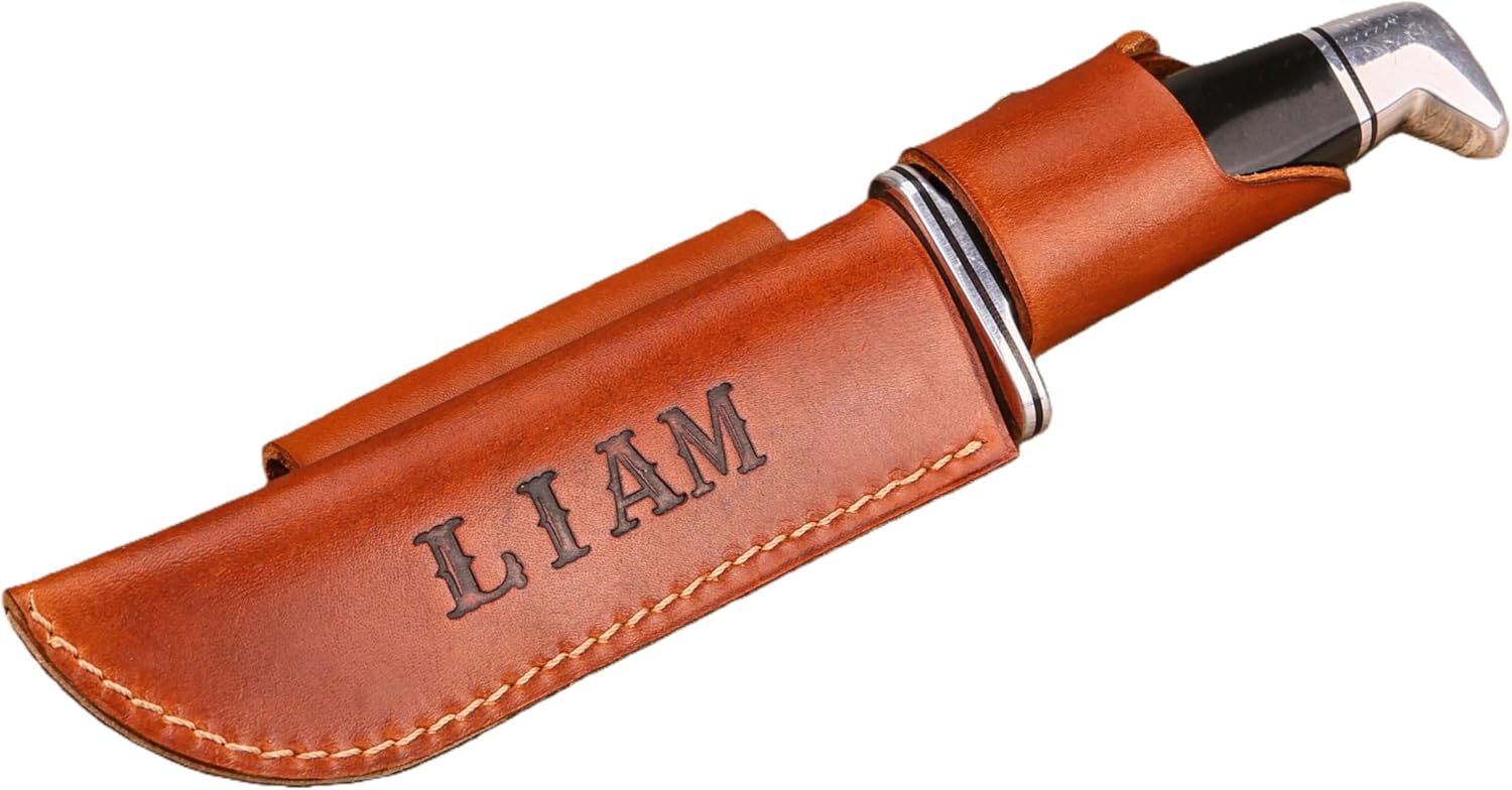 Horizontal Carry Handmade Leather Knife Sheath for Buck 119 and 120, Full Grain Cowhide, Hand Stitched, Belt Loop, Personalized Embossing Option KSBKH1