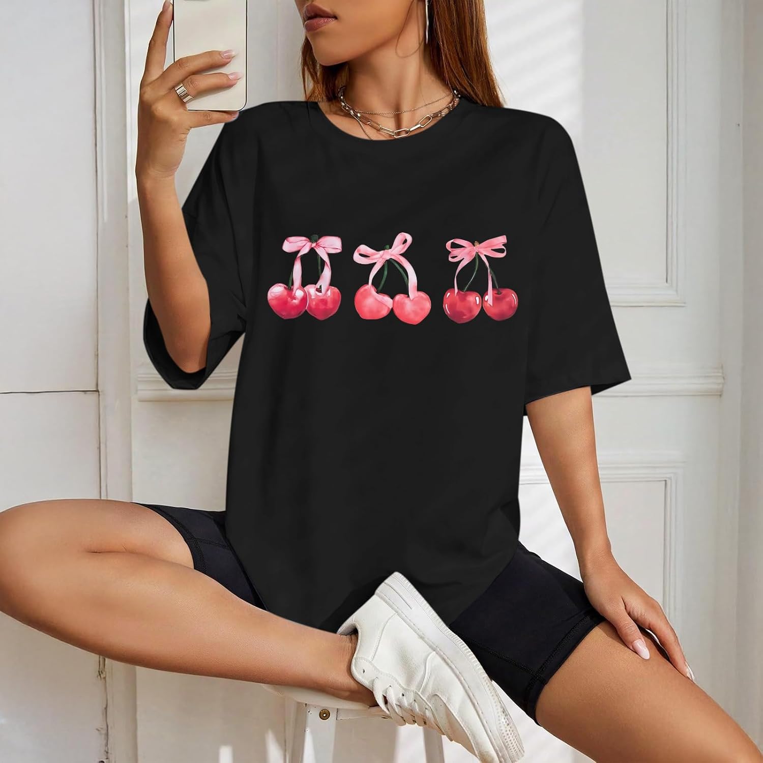 KEEVICI Cute Cherry Pink Bow T Shirts for Women Fruit Coquette Aesthetic Shirt Oversized Tshirts Graphic Tees Cotton Tops - Image 3