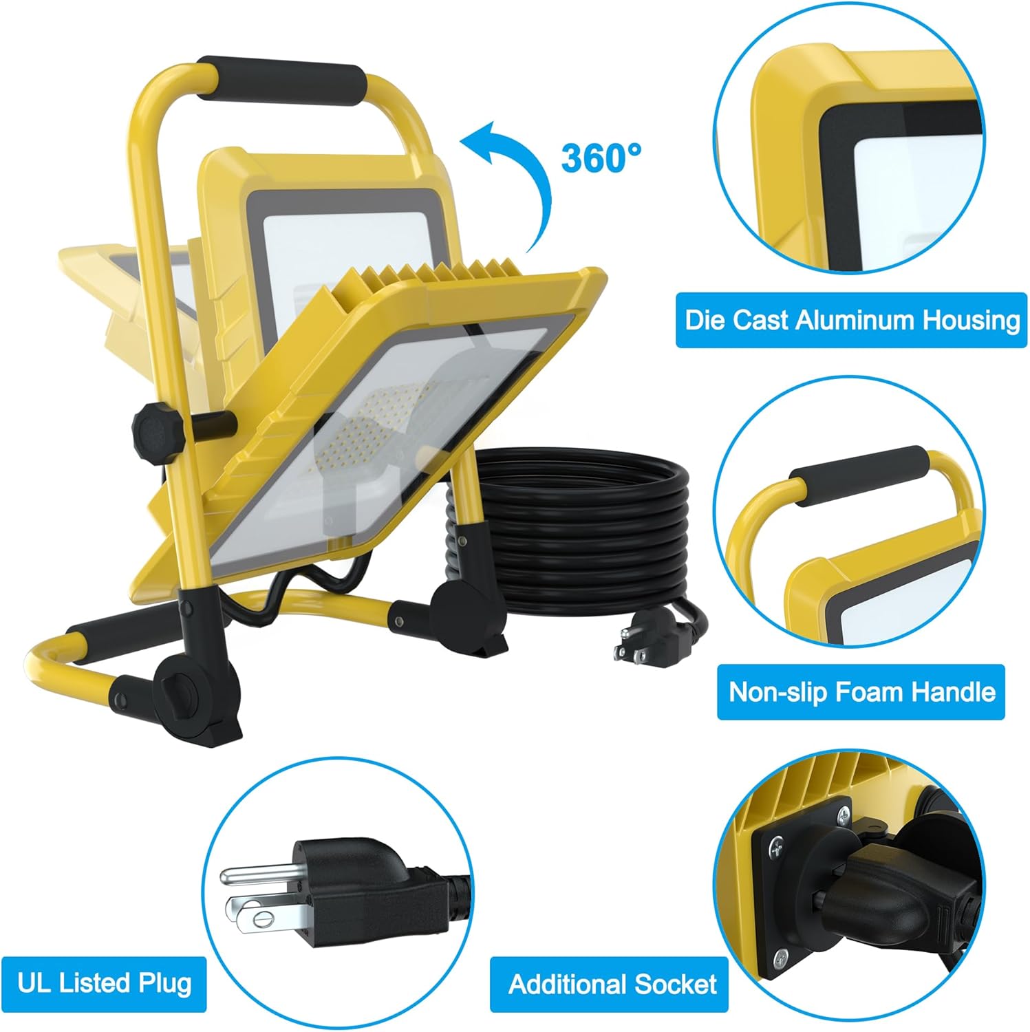 RELIANCER 10000LM&5000LM LED Work Light,Outdoor IP65 Waterproof LED Flood Lights w/16ft Cord&Socket,80W&50W 2 Brightness Modes Adjustable Camping Emergency Worklights for Job Site,Construction Site