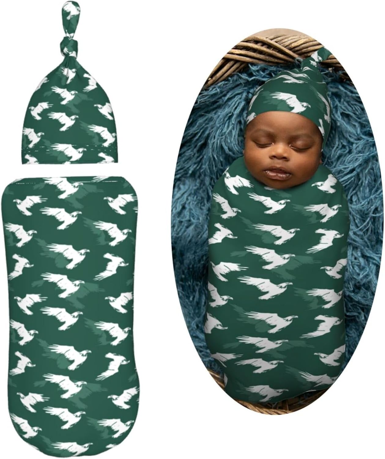Eagle On Green Background Newborn Swaddle Blankets Hat Sets Soft Baby Receiving Blanket Swaddle Sack for Baby Shower Infant Boy Girl Gift - Image 2