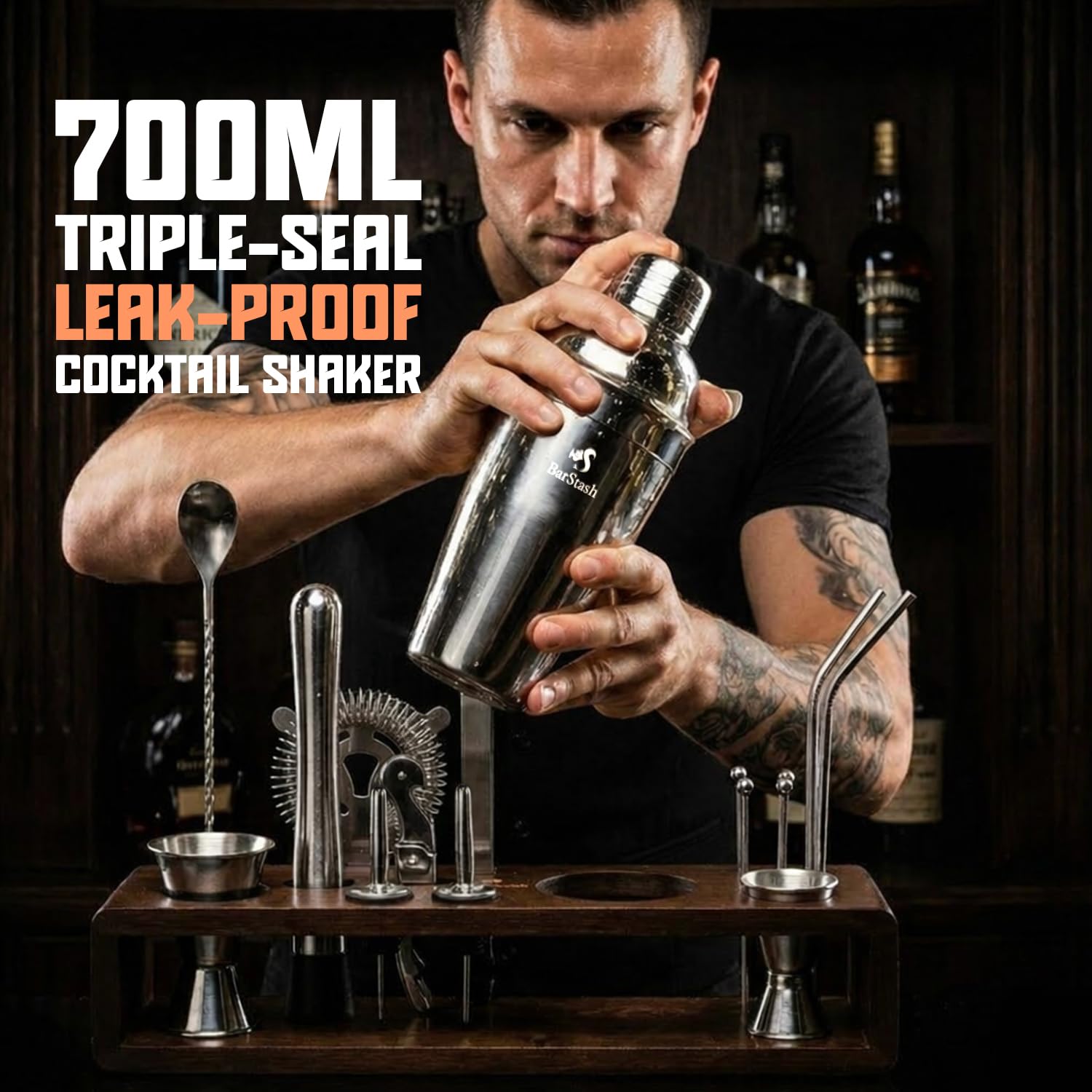 Premium Bartender Kit: set di 17 attrezzi con supporto in bambù, set perfetto per cocktail da bar, bicchieri con cannucce in acciaio inox per una grande esperienza di miscelazione delle