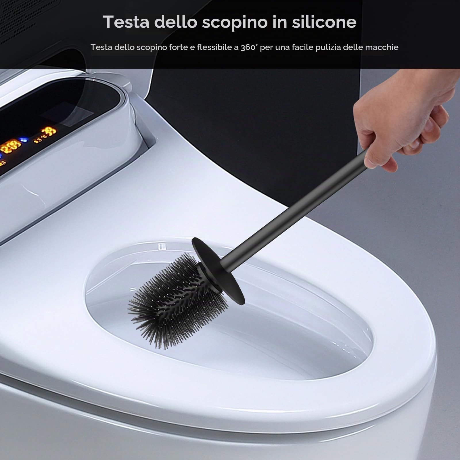 Scopino per WC con montaggio a parete, scopino in silicone e supporto, scopino quadrato in acciaio inox 304, con 2 testine (quadrate nero)