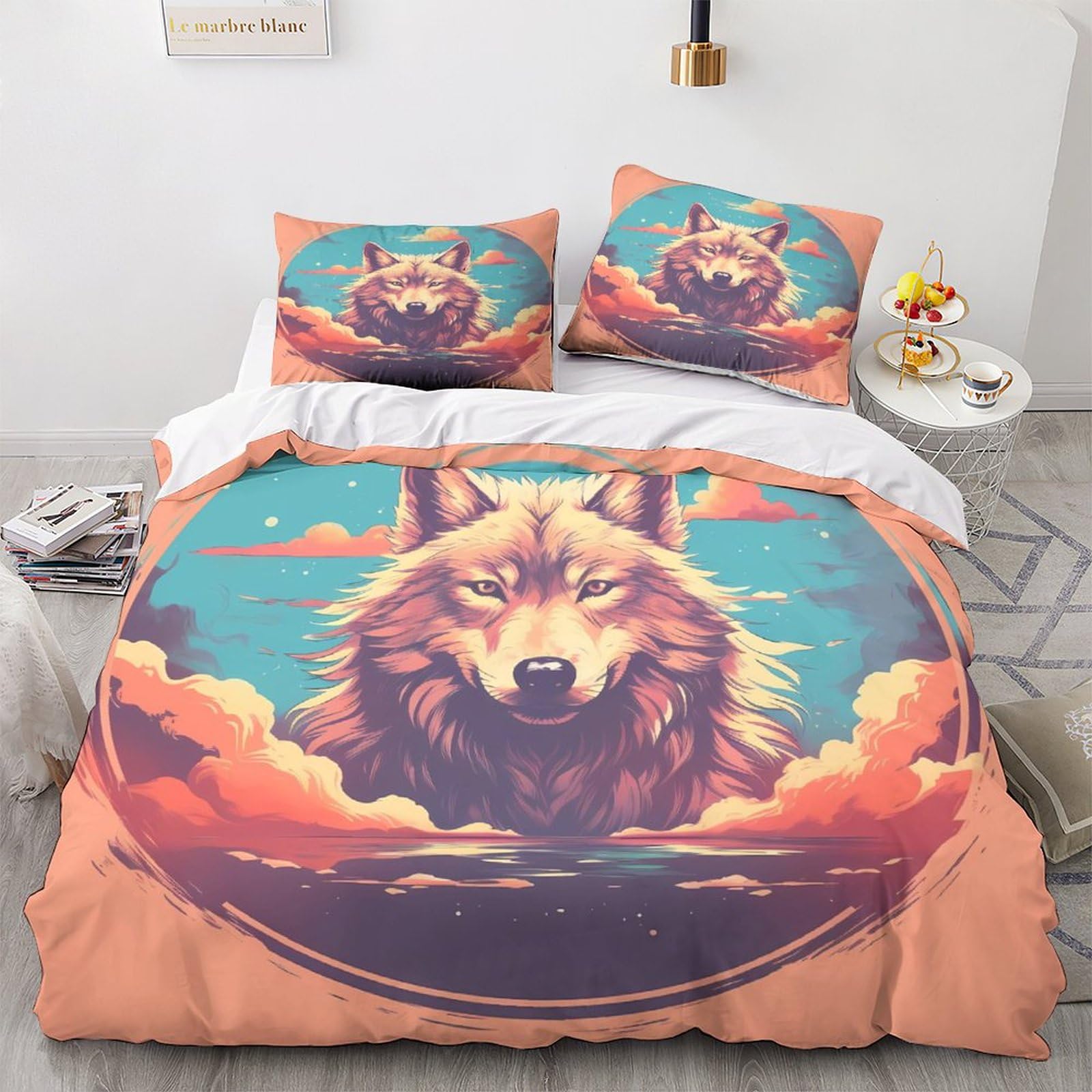 Housse de couette loup 220x240 cm avec taies en microfibre pour lit double
