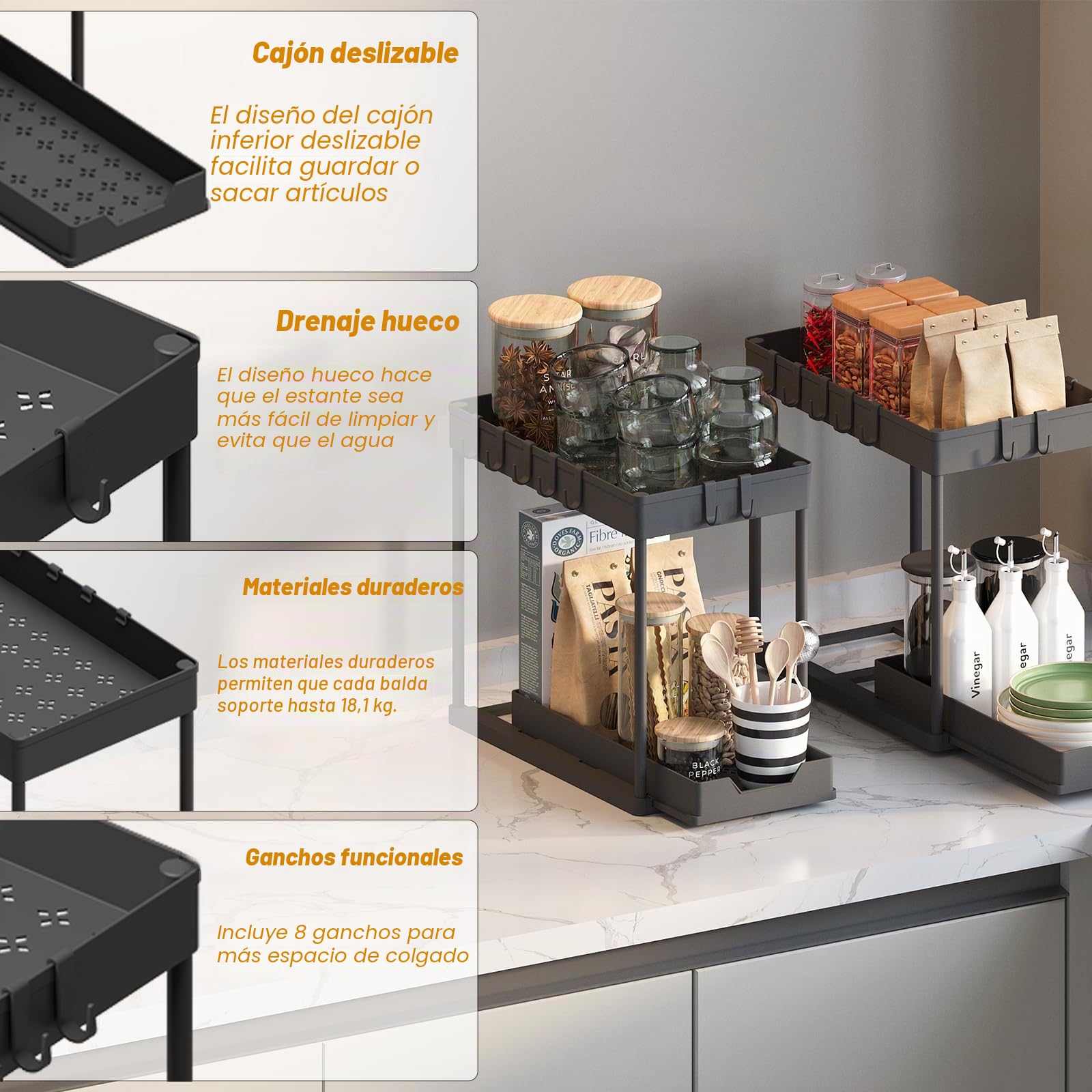 Meltrck 2 Paquete Organizador Cocina 2 Niveles para Debajo del Fregadero - Organizador Extraíble Estante Almacenamiento Debajo Fregadero con 16 Ganchos,Negro