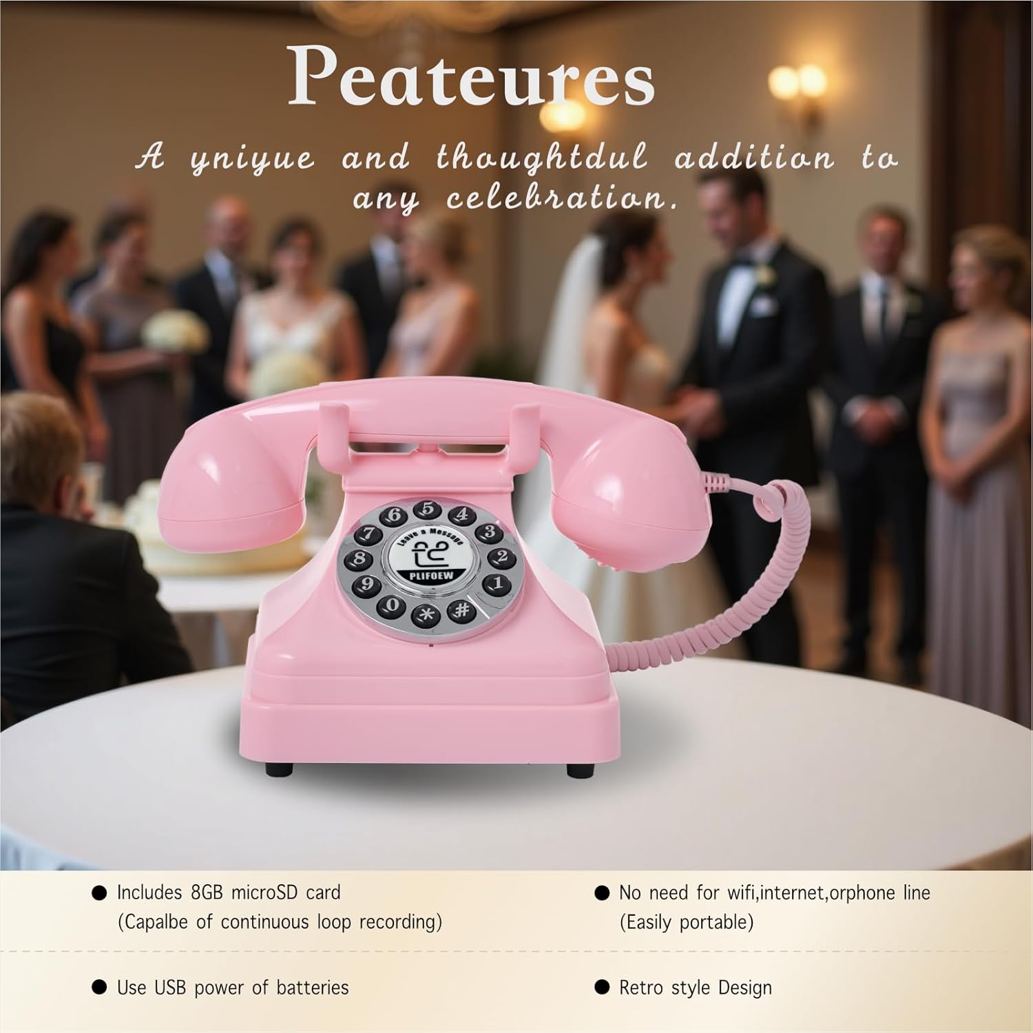 Audio Guest Book Wedding Phone,Audio Guestbook Phone Vintage Style Audio Message Voicemail for Graduation Retirement Party Birthdays Baby Shower Special Occasions (Pink) - Image 4