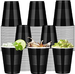 100 Pack 12 oz Black Plastic Cups, Heavy Duty Disposable Drinking Cups Bulk, Stackable Party Cups for Halloween, Wedding, Birthday, BBQ, Beer, Cocktails & Catering