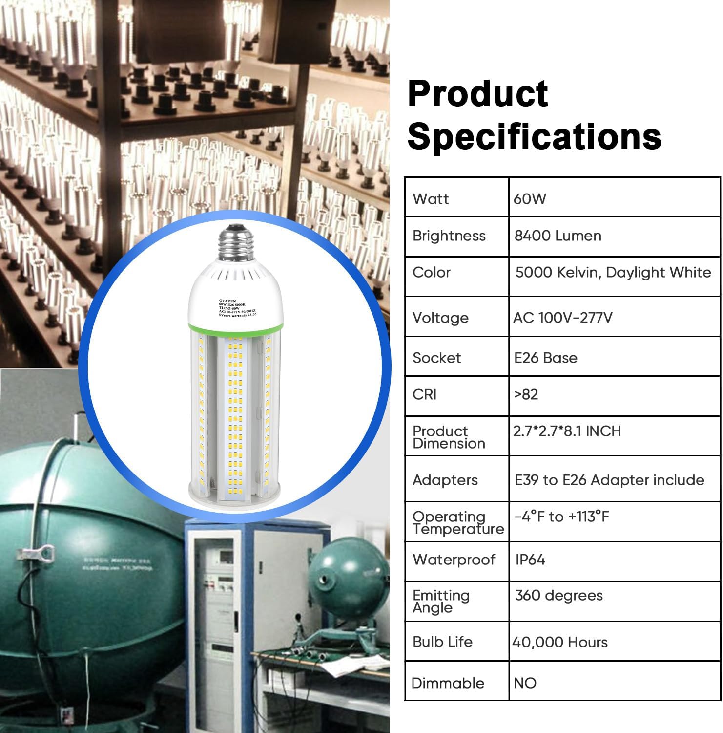 60W LED Corn Cob Bulb,600W Equivalent,5000K Daylight,E26/E39 Base, 8400 Lumens - Replace CFL/Metal Halide/HPS,for Warehouse,Workshop,Gym,Yard,Basement Lighting